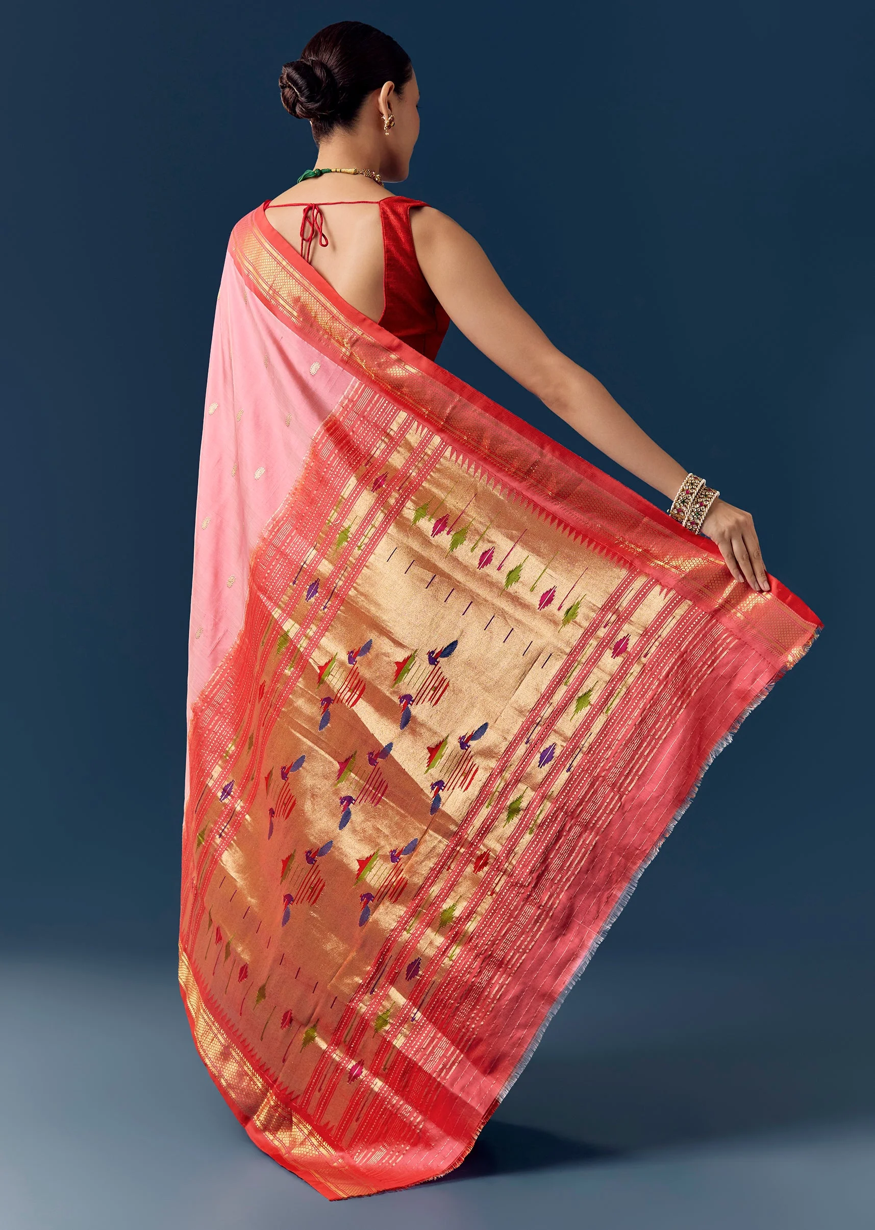 Pink Paithani Silk Saree with Contrast Red Zari Border - Image 4