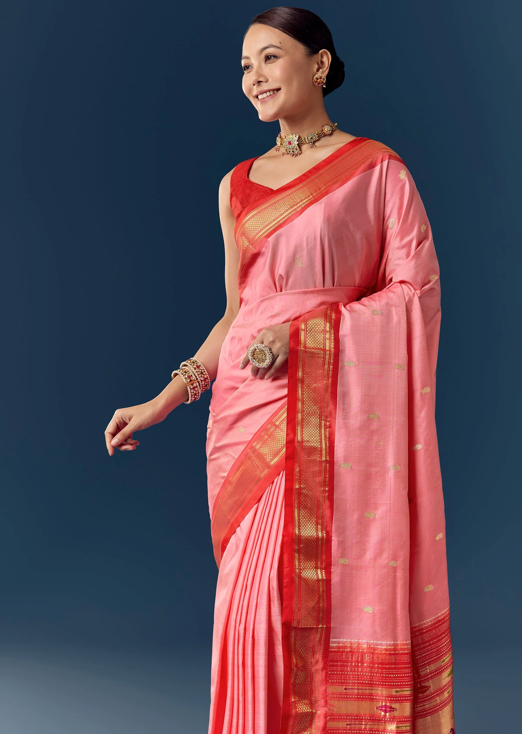 Pink Paithani Silk Saree with Contrast Red Zari Border - Image 5
