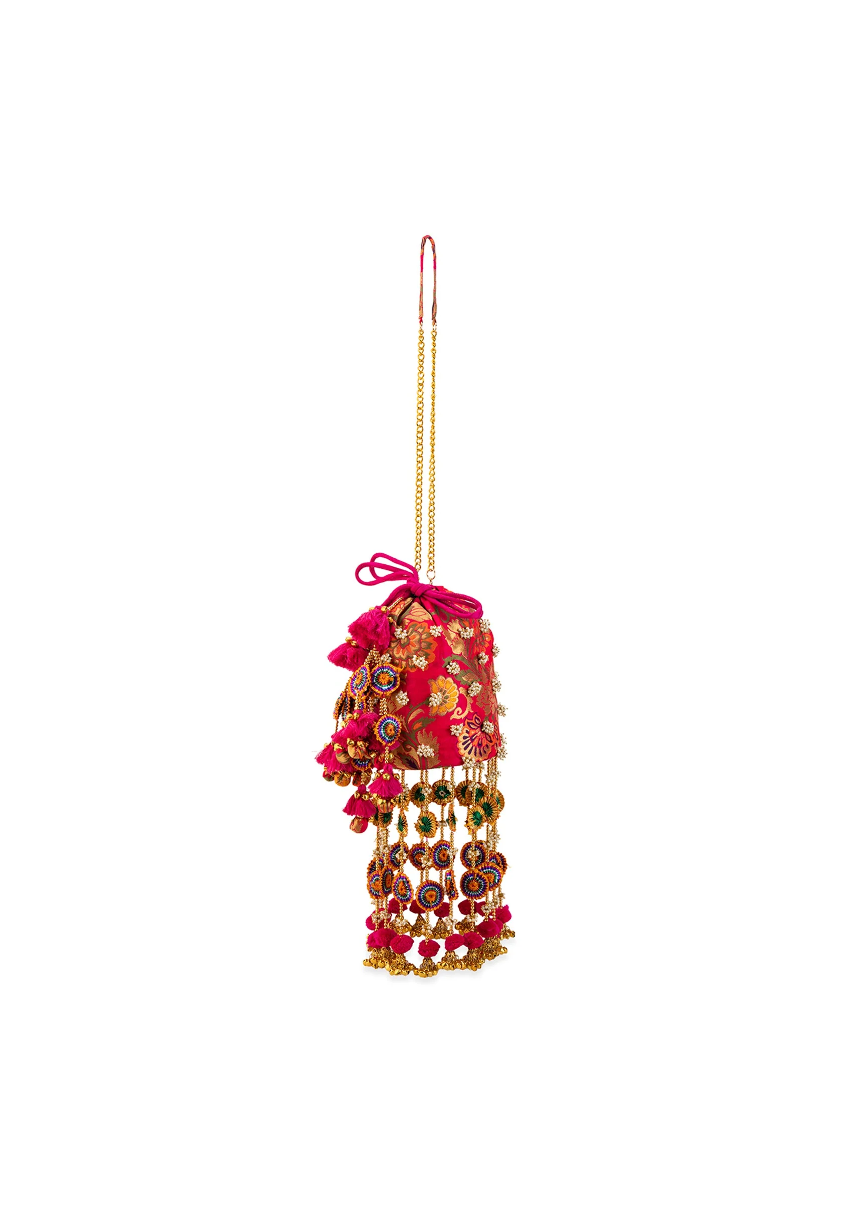 Pink Pearl Embellished Pom Pom Tassel Potli Bag - Image 2