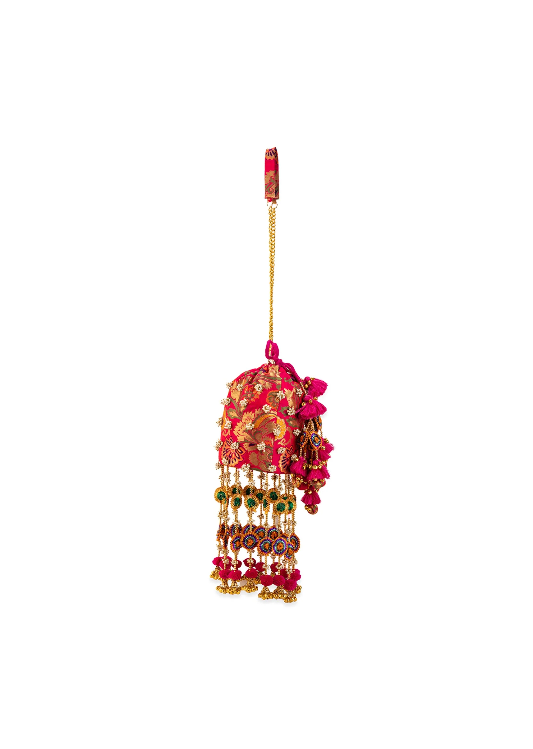 Pink Pearl Embellished Pom Pom Tassel Potli Bag - Image 3