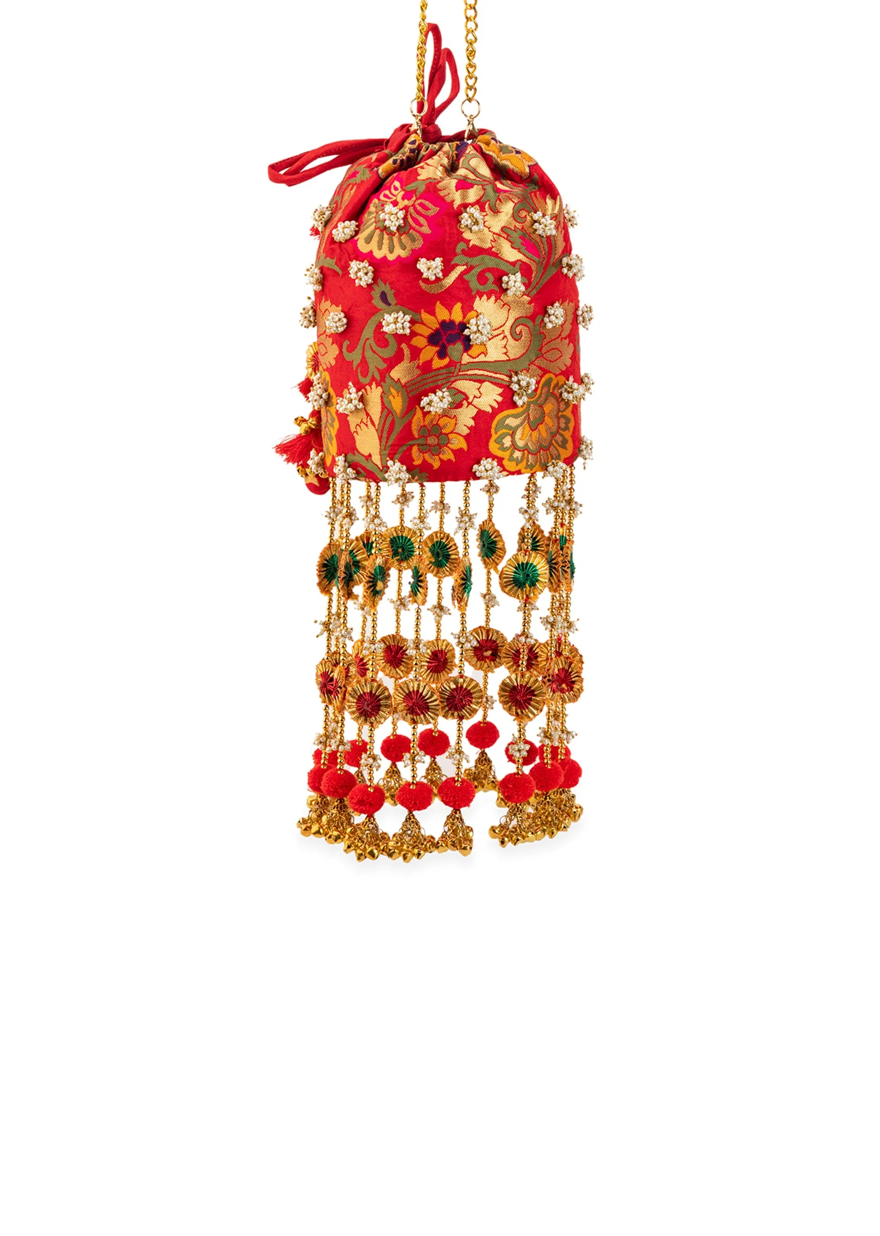 Pink Pearl Embellished Pom Pom Tassel Potli Bag - Image 4