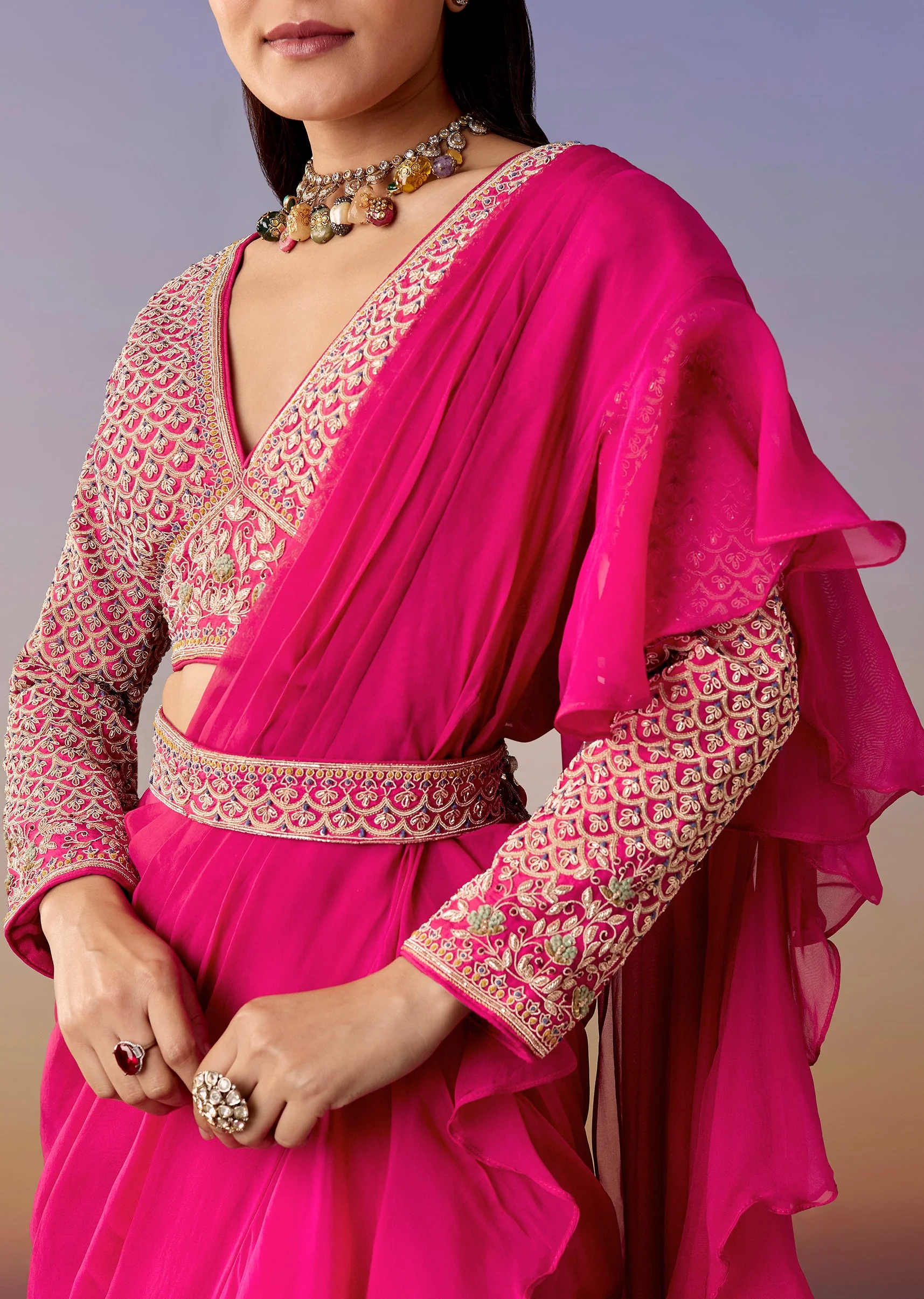 Pink Pre Draped Saree Set With Belt - Image 2