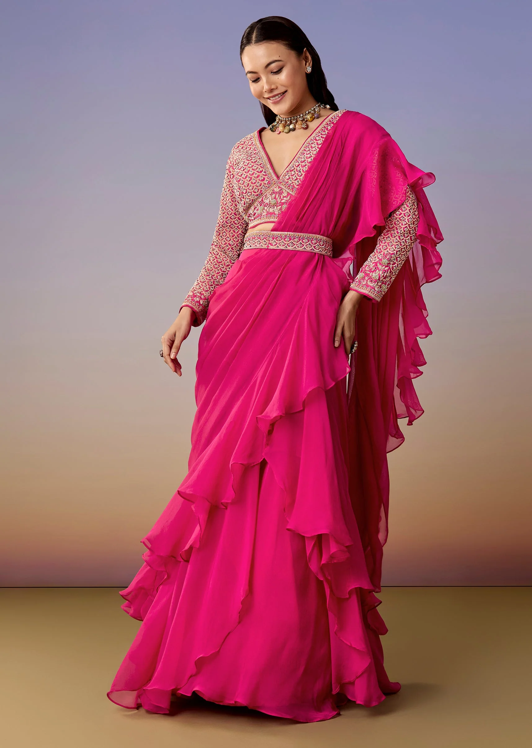 Pink Pre Draped Saree Set With Belt - Image 3