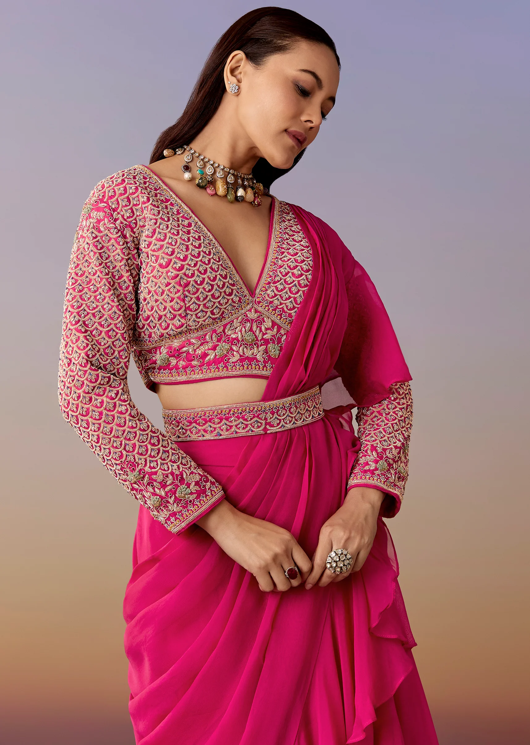 Pink Pre Draped Saree Set With Belt - Image 4