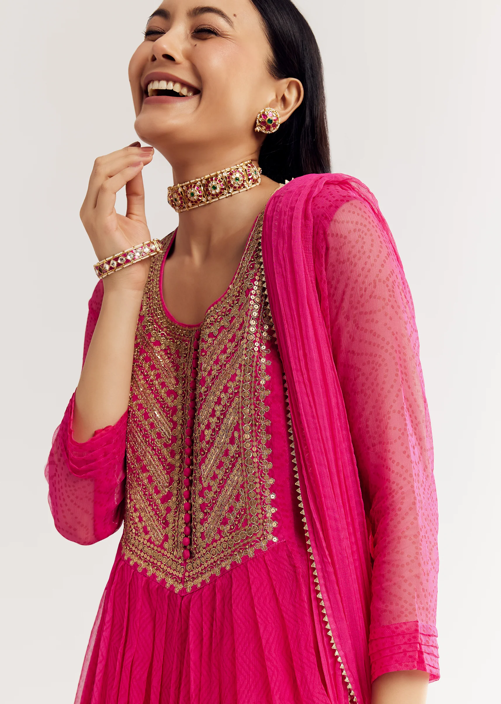 Pink Printed Chiffon Sequin Kurta Set With Dupatta - Image 2