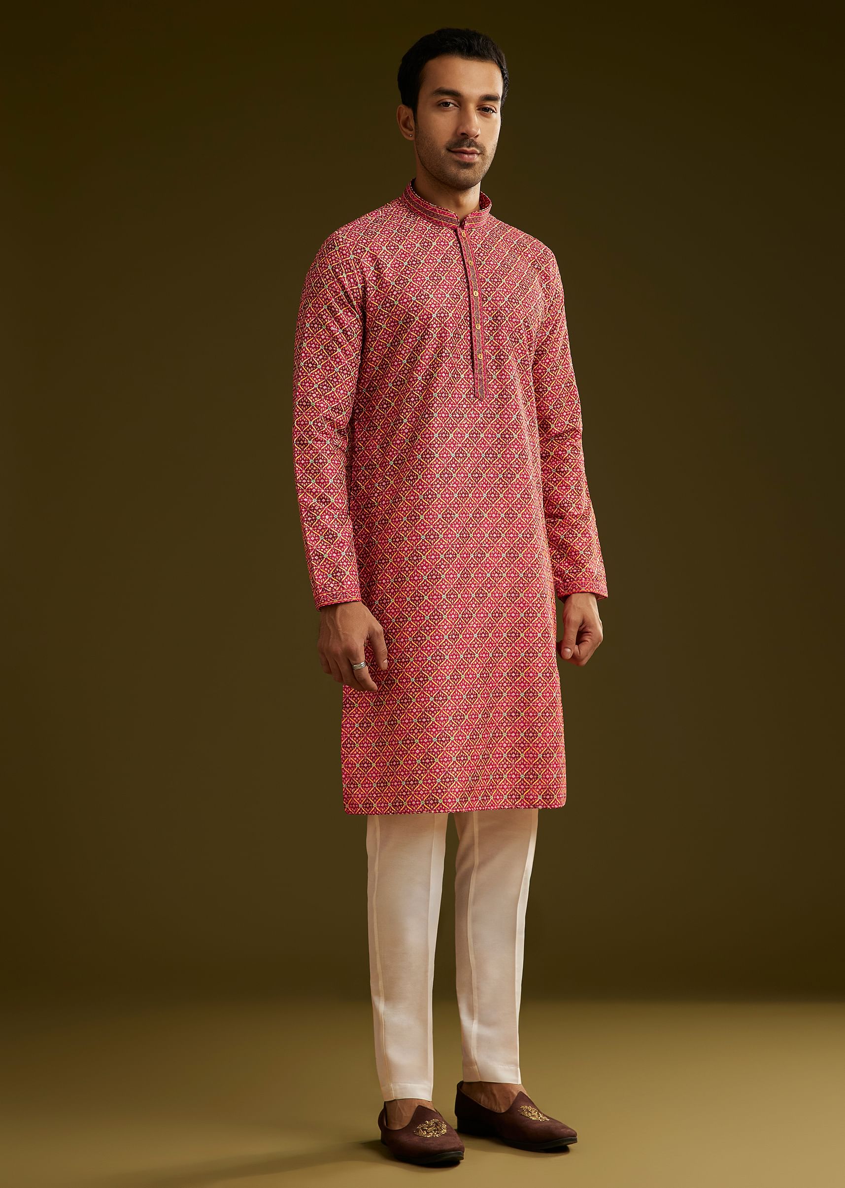 Pink Printed Kurta Set In Silk - Image 2