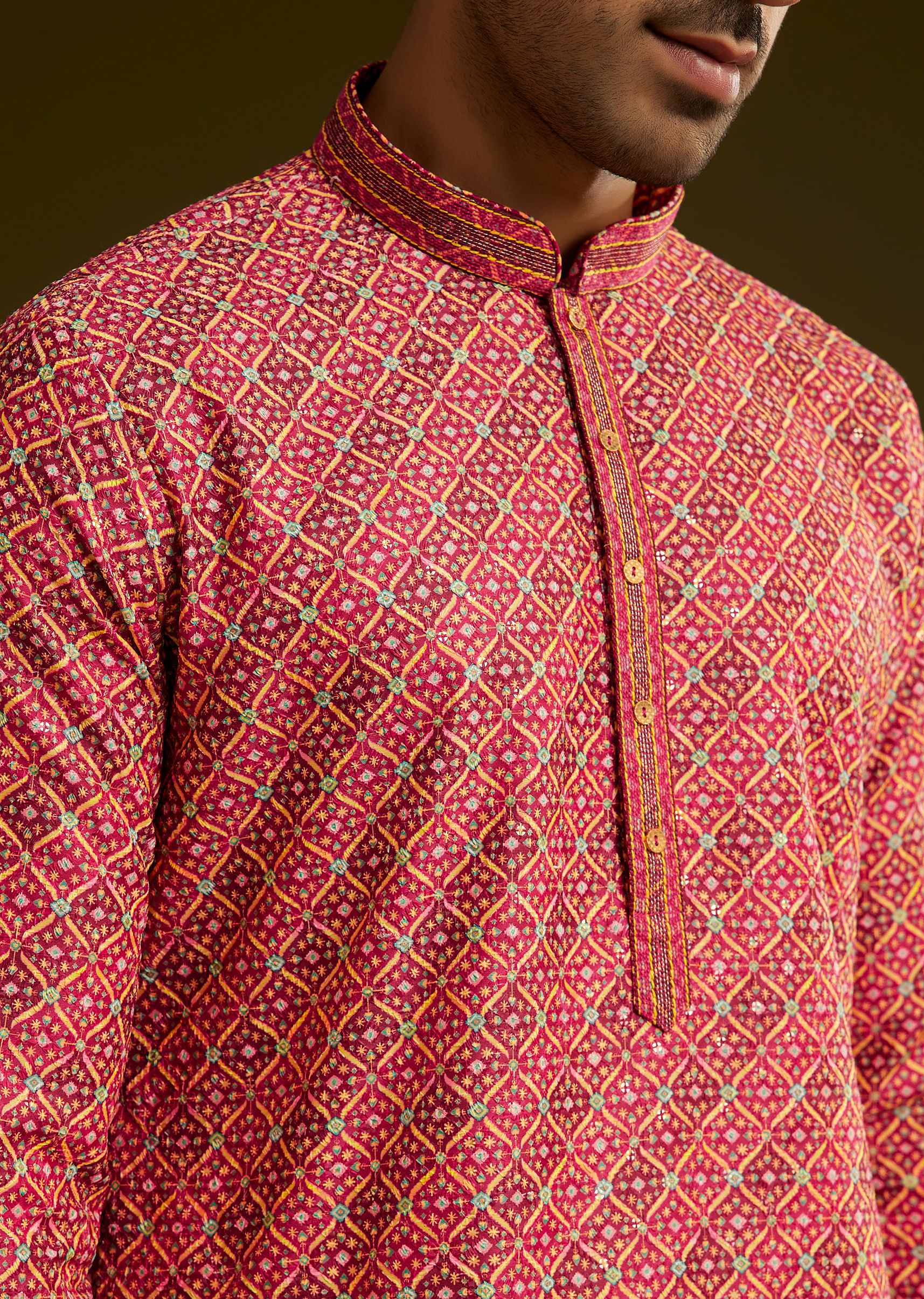 Pink Printed Kurta Set In Silk - Image 3