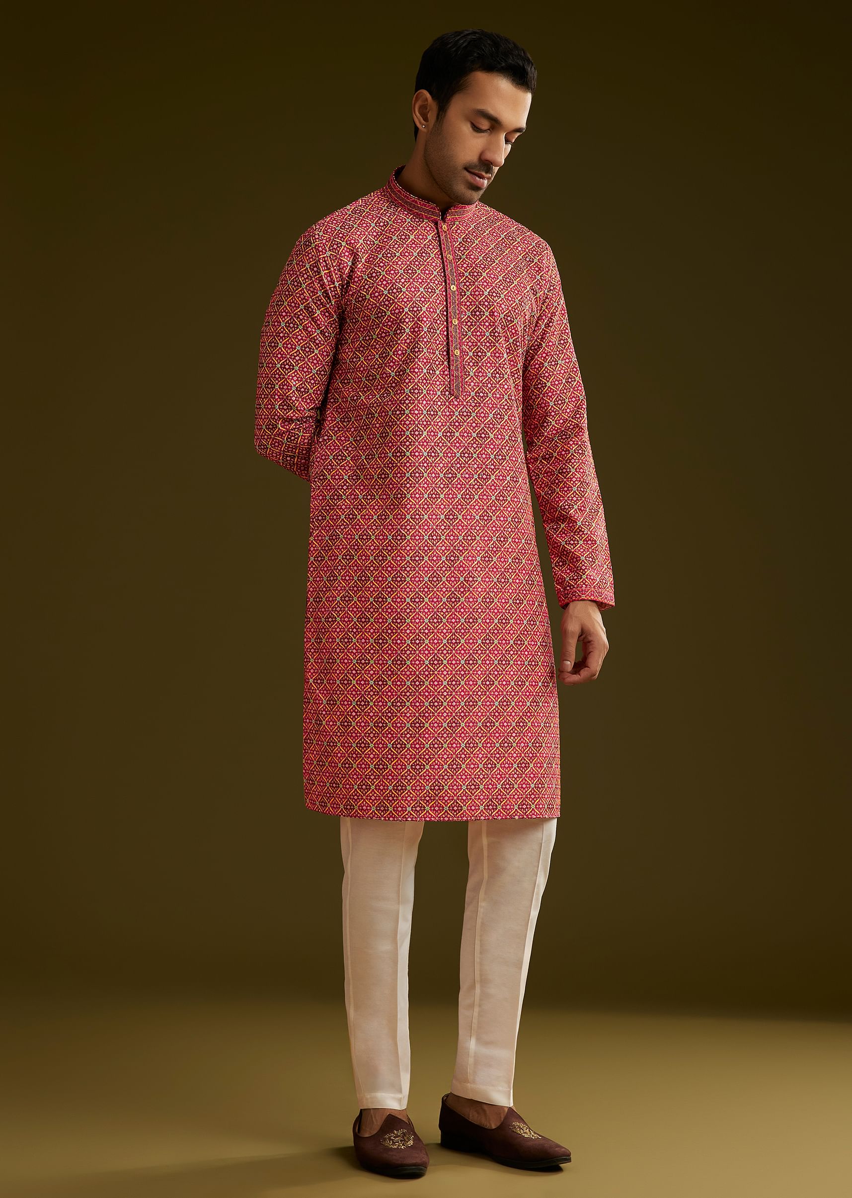 Pink Printed Kurta Set In Silk - Image 4
