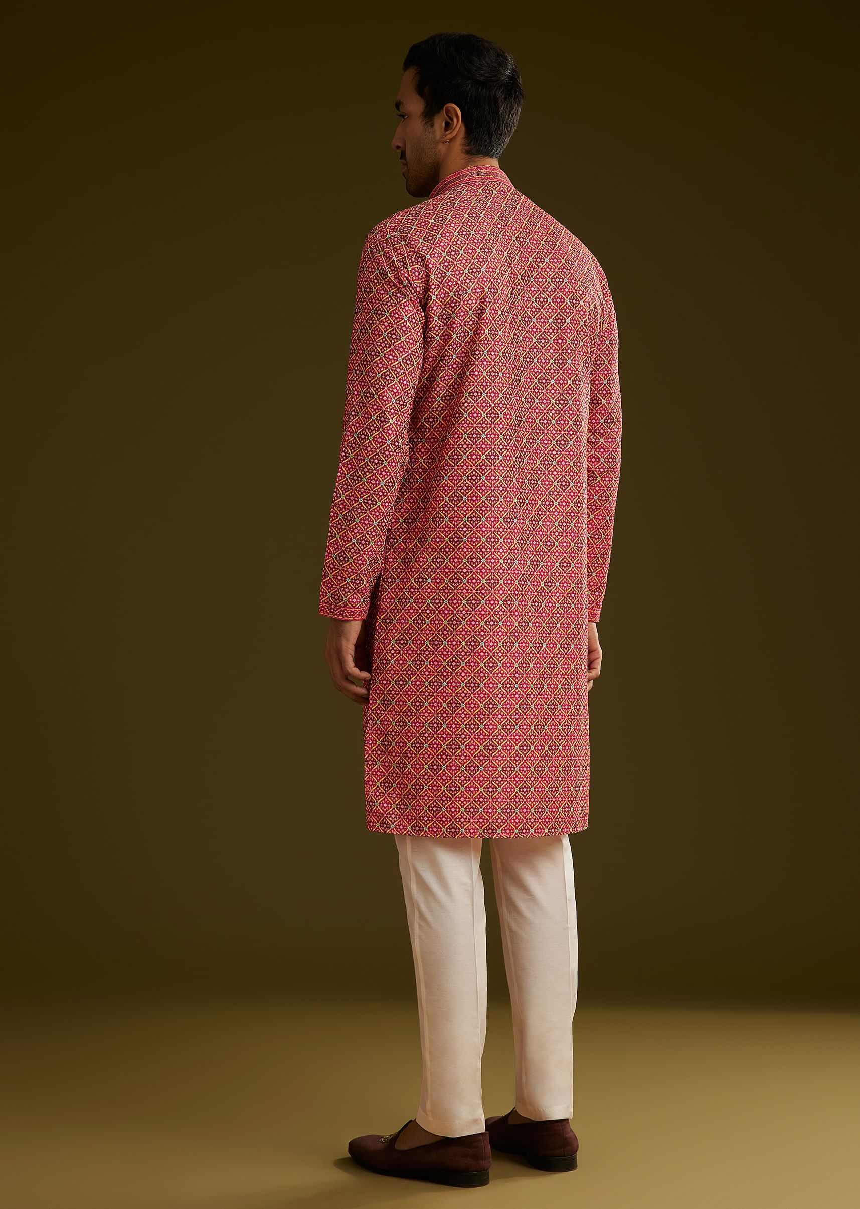 Pink Printed Kurta Set In Silk - Image 5
