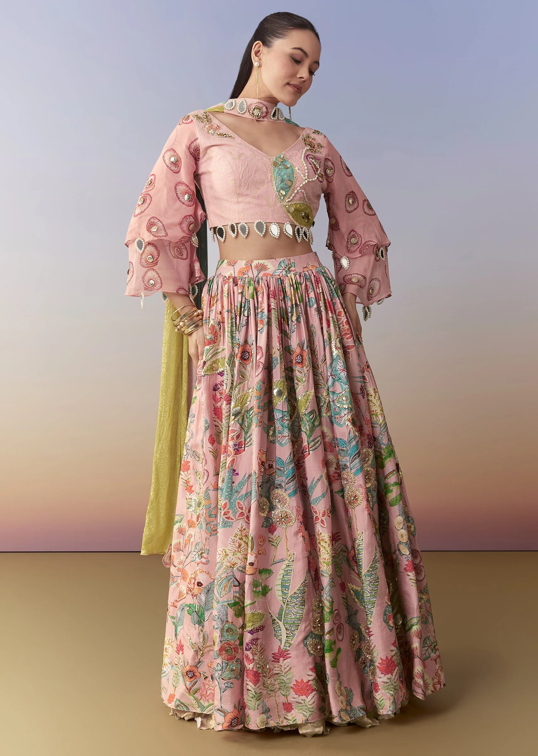 Pink Printed Lehenga Set with Gotta Lace - Image 3