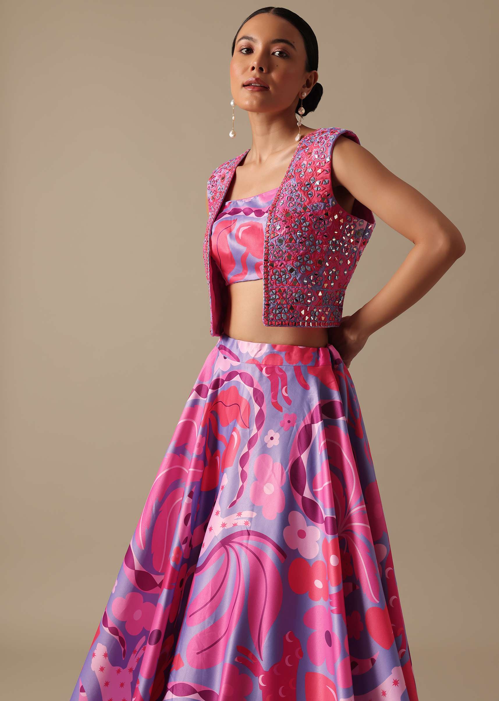 Pink Printed Lehenga Set With Mirror Work Jacket - Image 2