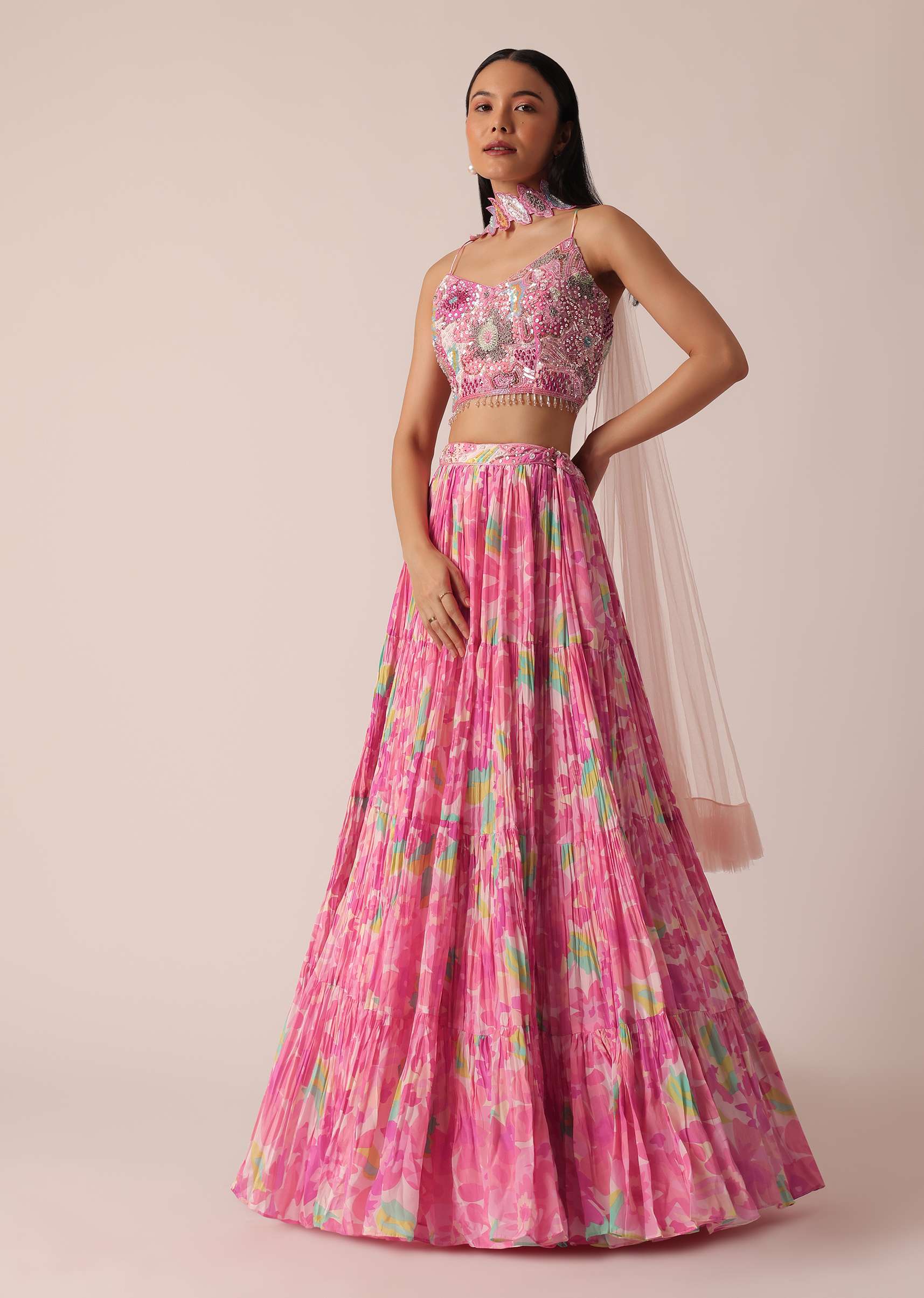 Pink Printed Lehenga Set With Ruffle Dupatta - Image 3