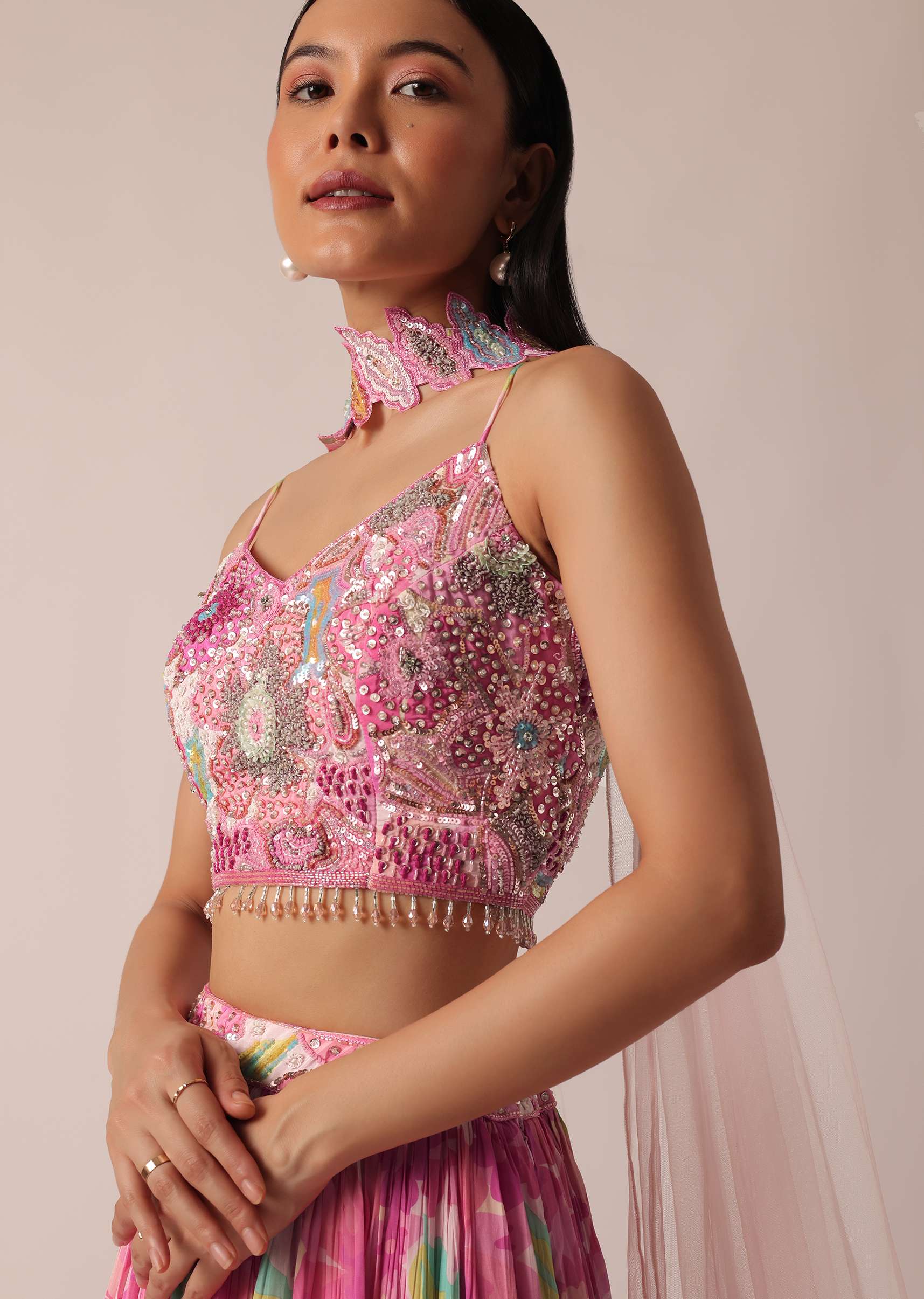 Pink Printed Lehenga Set With Ruffle Dupatta - Image 4