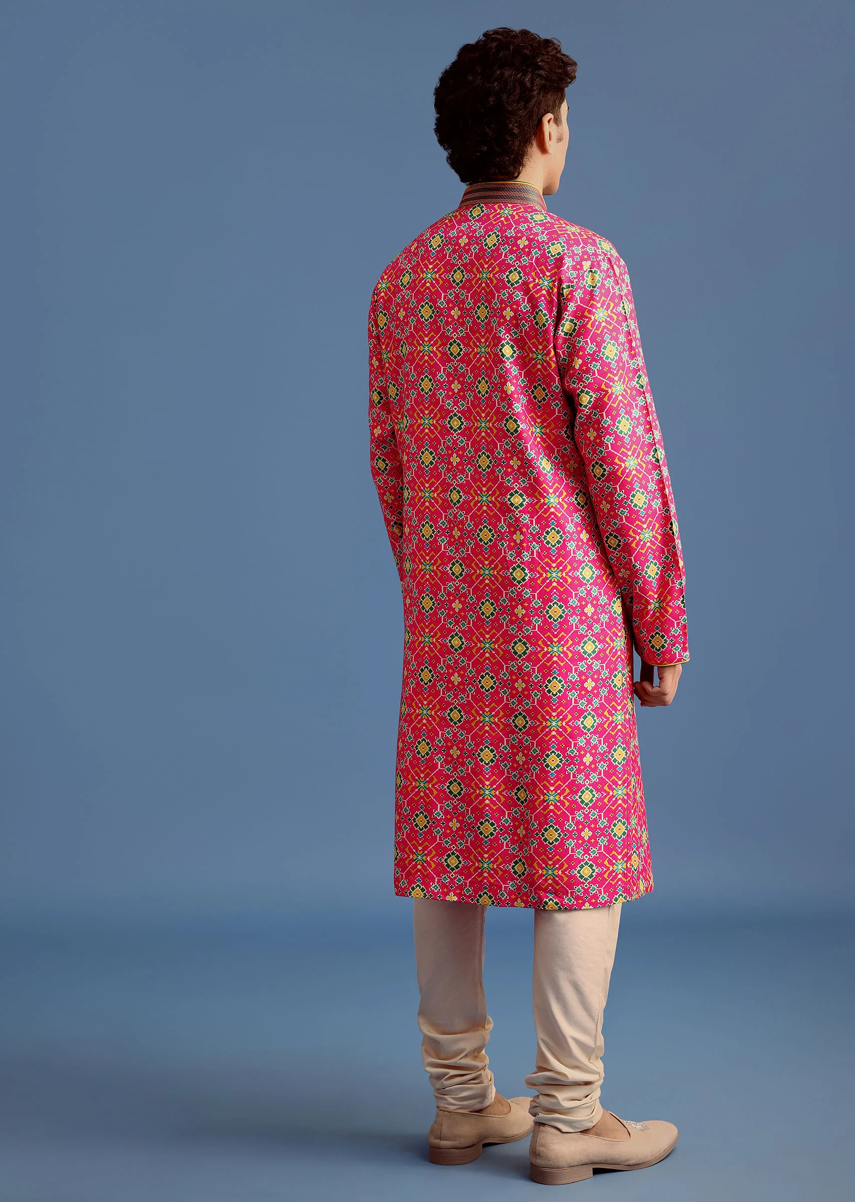 Pink Printed Pashmina Kurta Set For Men - Image 5