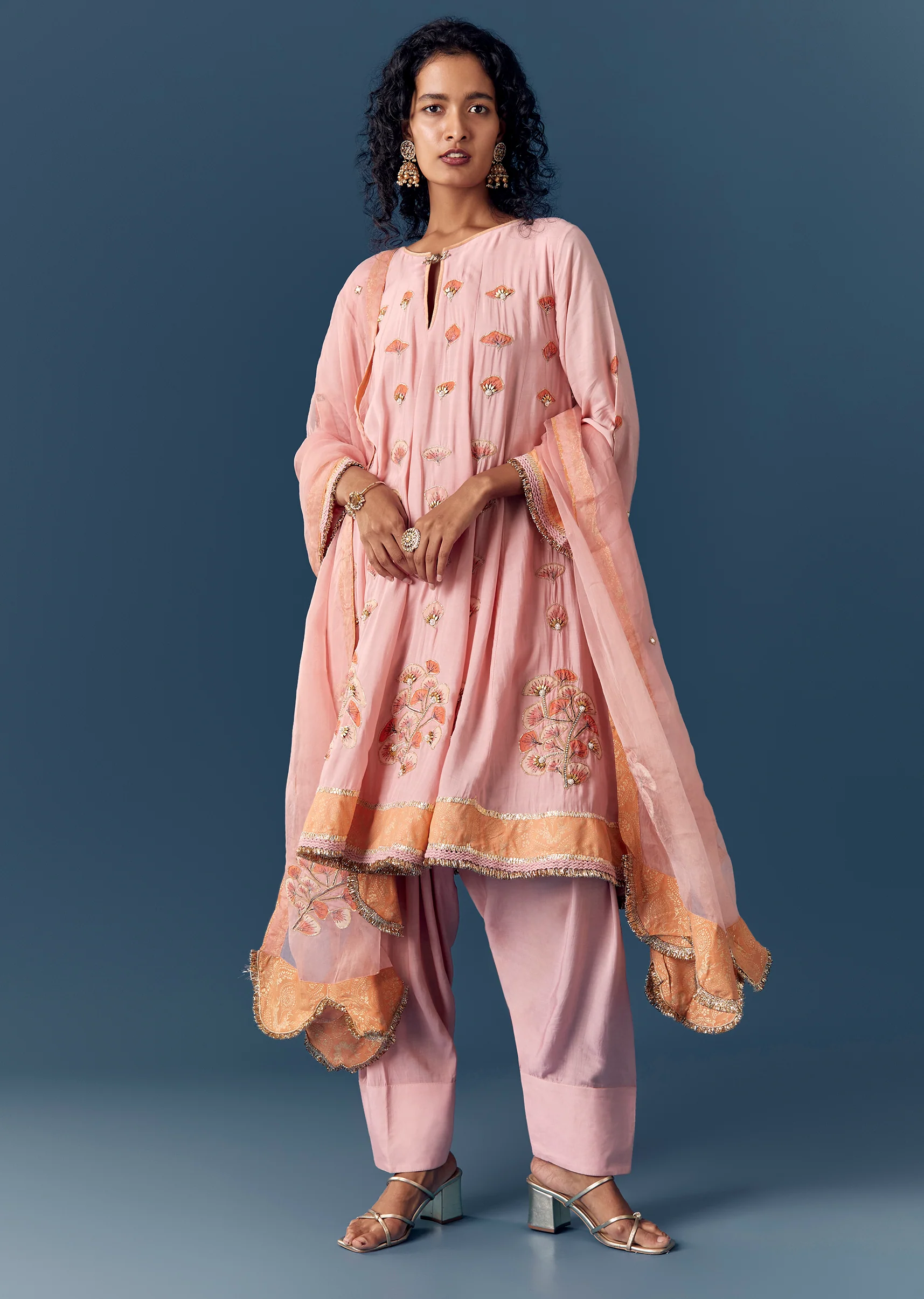Pink Printed Short Anarkali Pant Set With Dupatta - Image 3