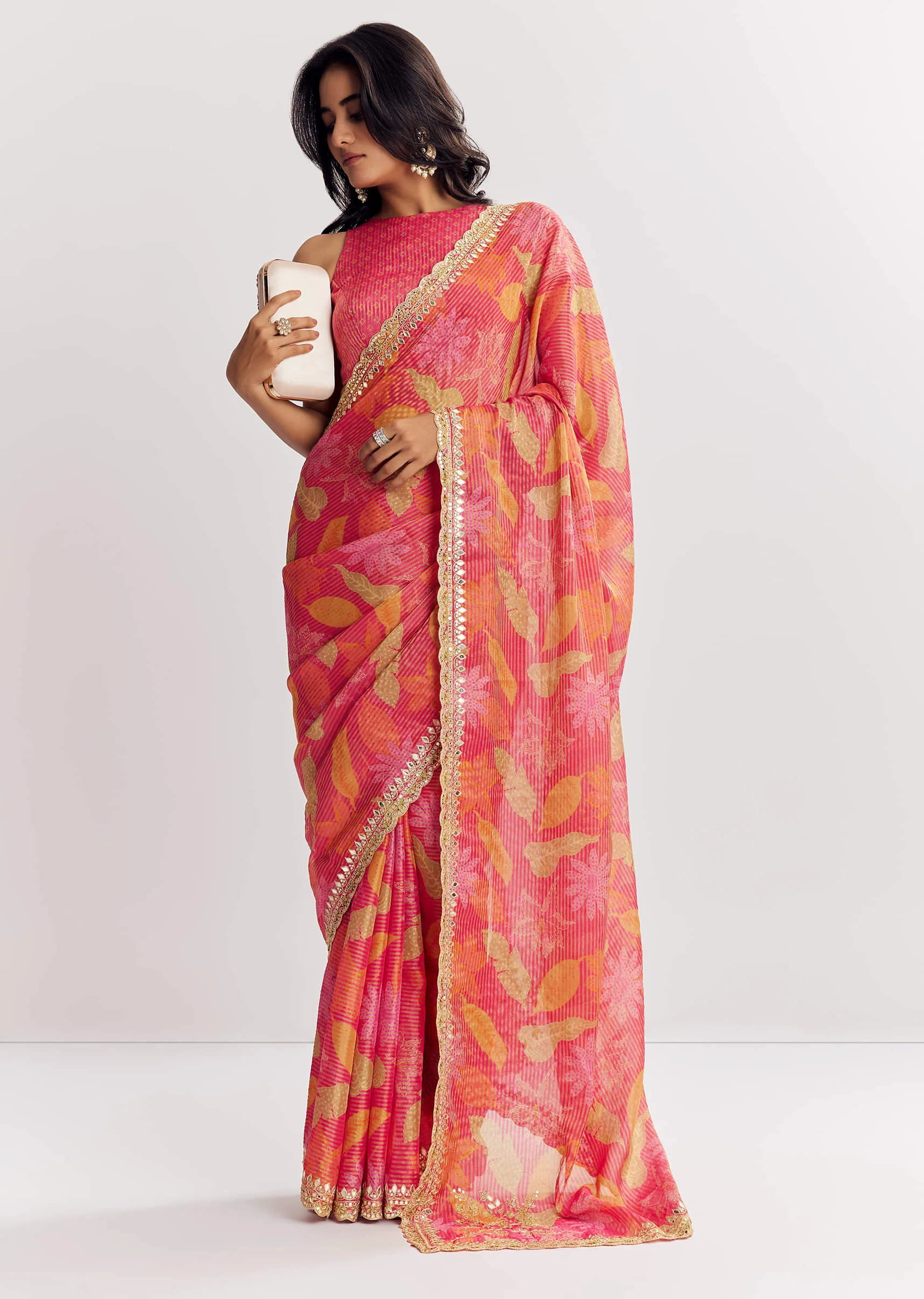 Pink Printed Tissue Lurex Saree With Zari Mirror And Cutdana Embroidery - Image 3
