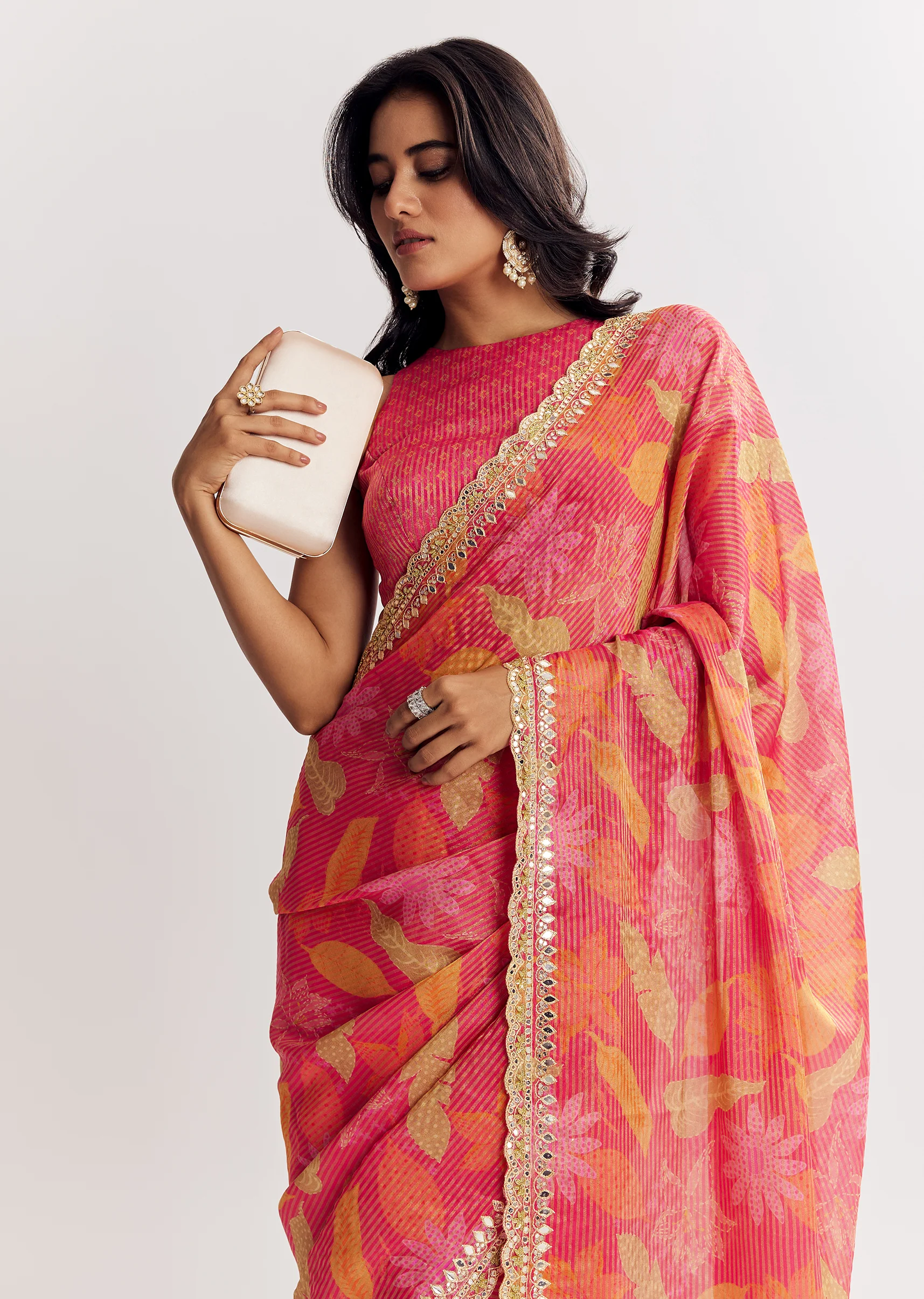 Pink Printed Tissue Lurex Saree With Zari Mirror And Cutdana Embroidery - Image 4
