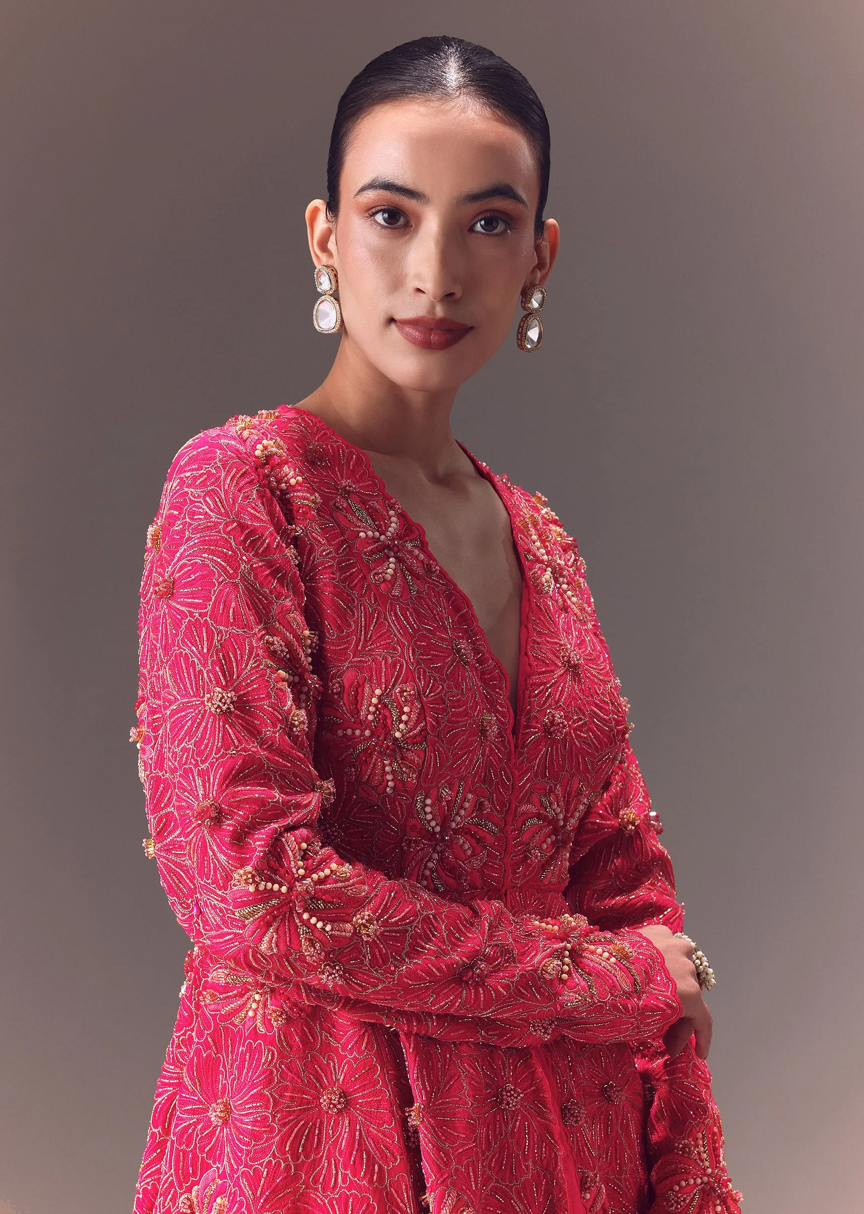 Pink Raw Silk Peplum With Double Circular Palazzo Pants - Image 2