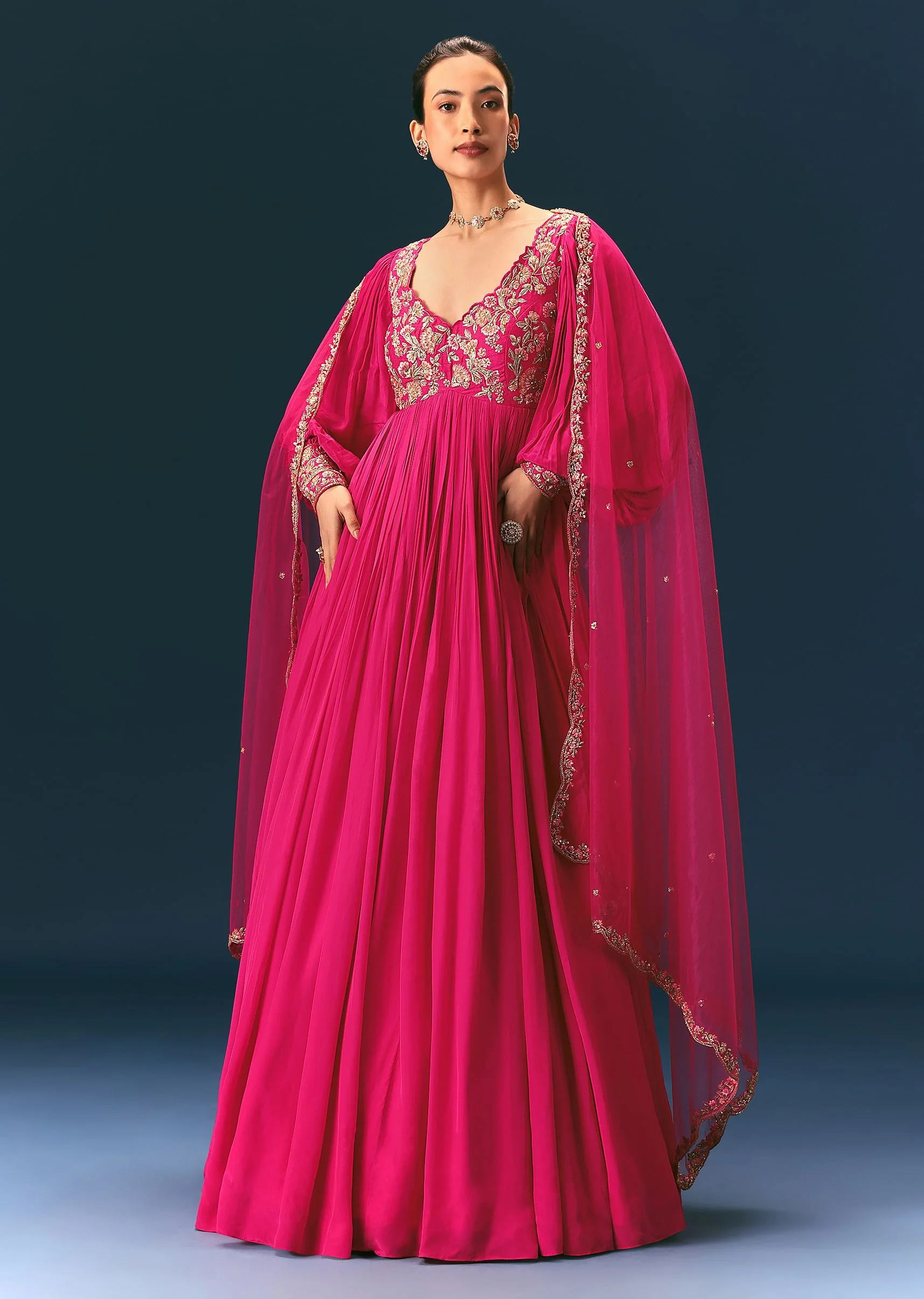 Pink Raw Silk Thread Embroidered Anarkali With Balloon Sleeves And Embroidered Dupatta - Image 3