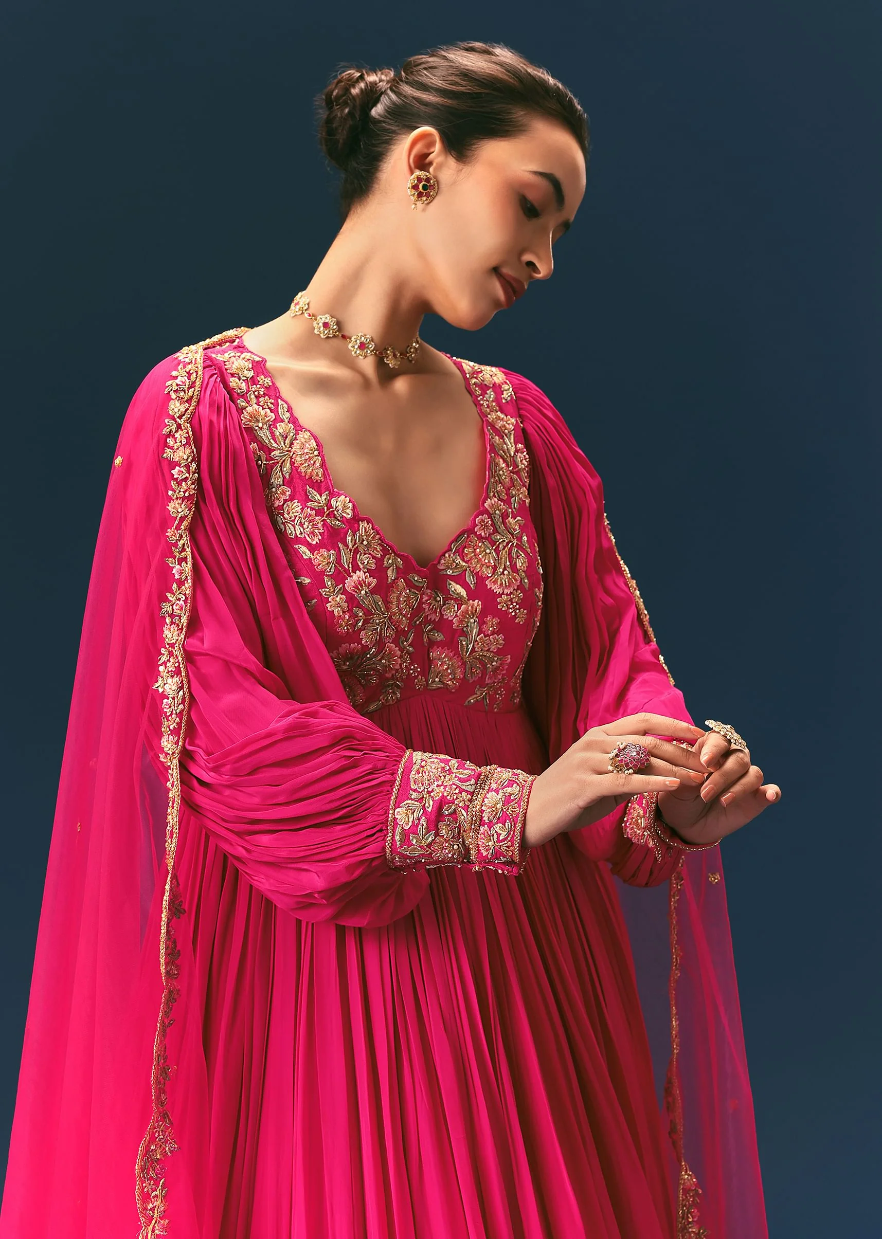 Pink Raw Silk Thread Embroidered Anarkali With Balloon Sleeves And Embroidered Dupatta - Image 4