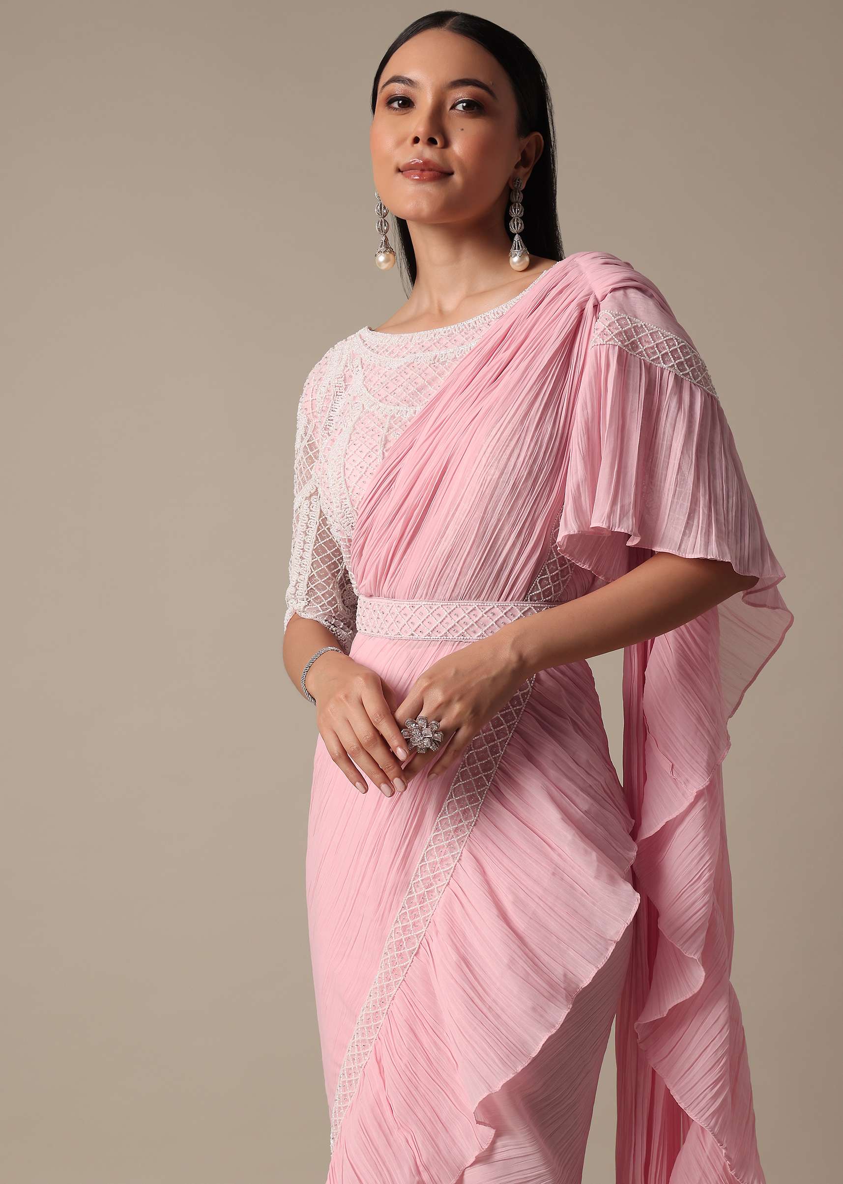 Pink Readymade Frill Saree With Heavy Bead Work Blouse - Image 2