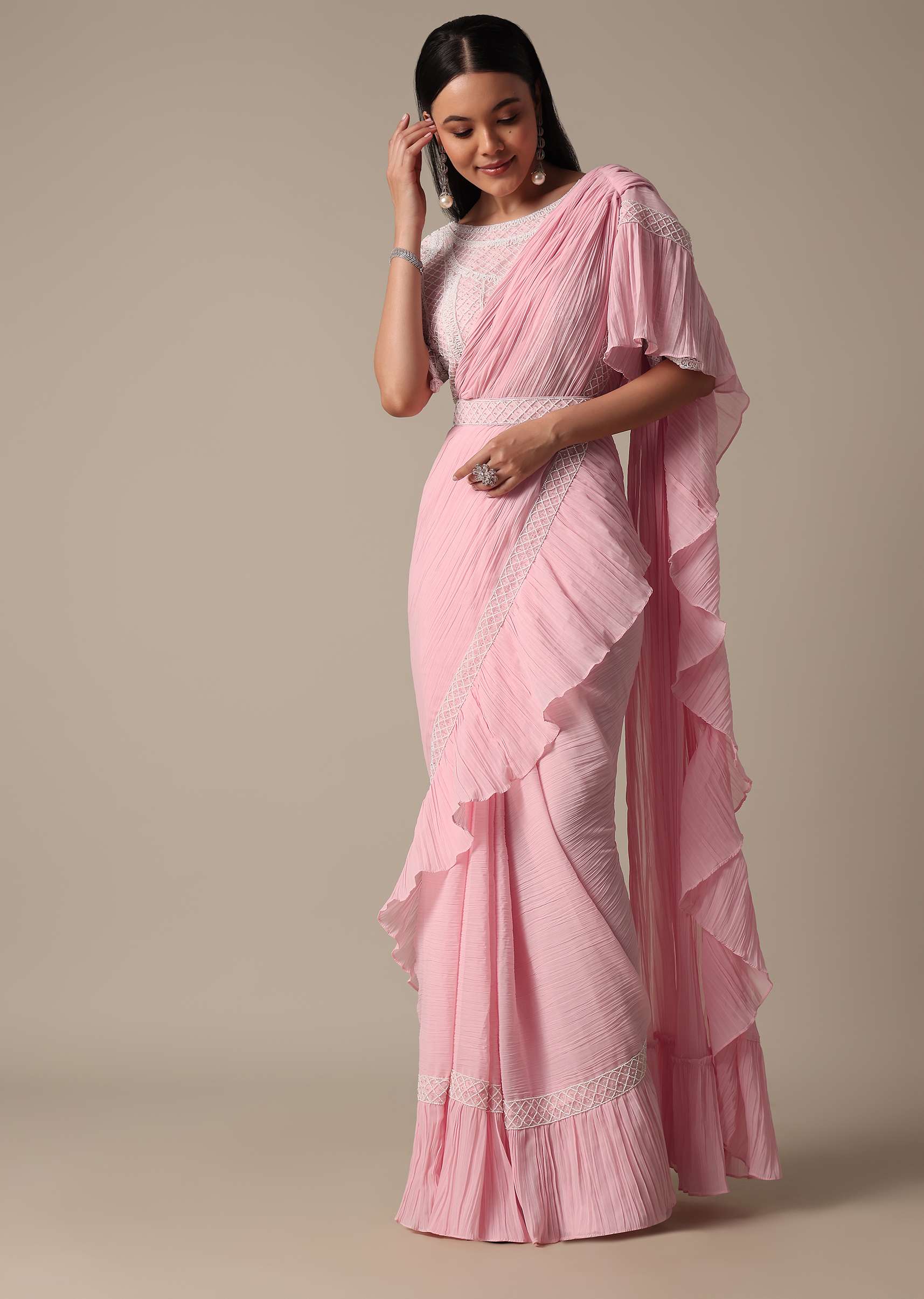 Pink Readymade Frill Saree With Heavy Bead Work Blouse - Image 3