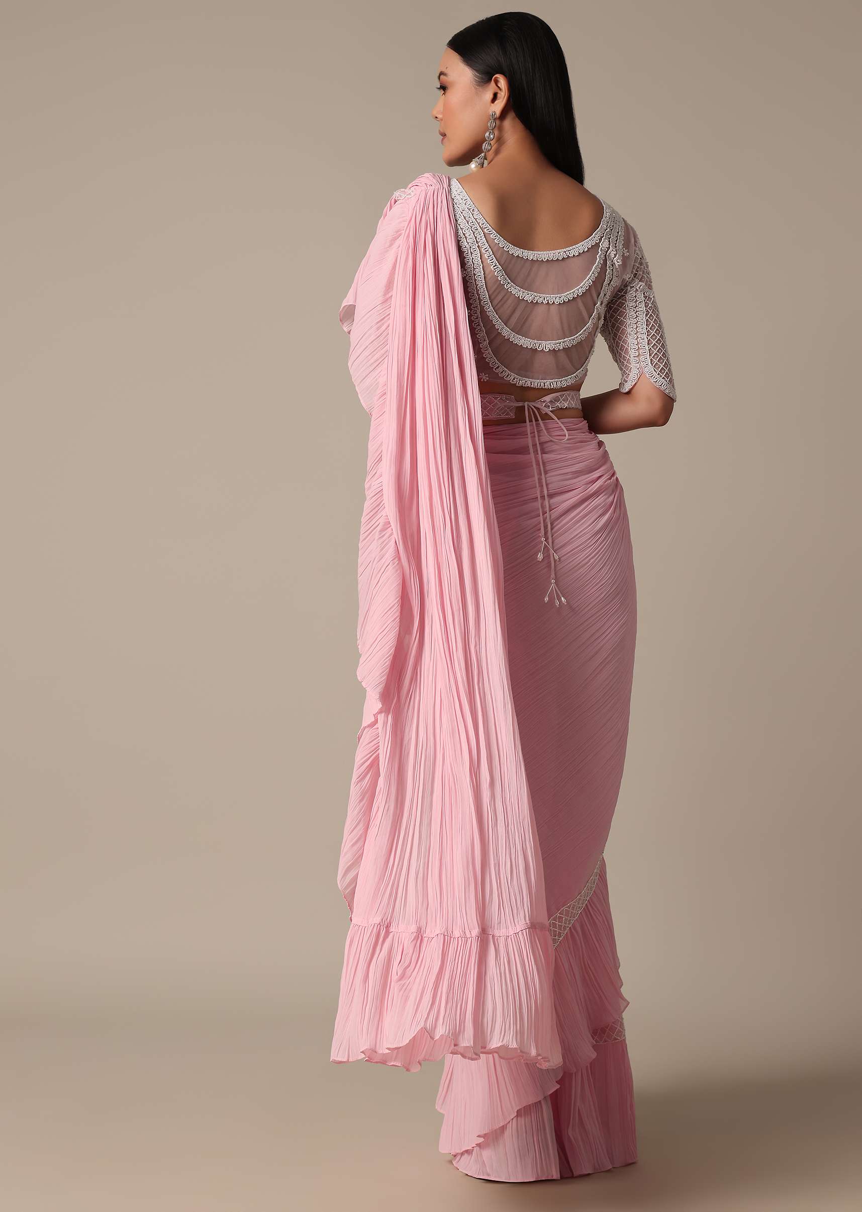 Pink Readymade Frill Saree With Heavy Bead Work Blouse - Image 5