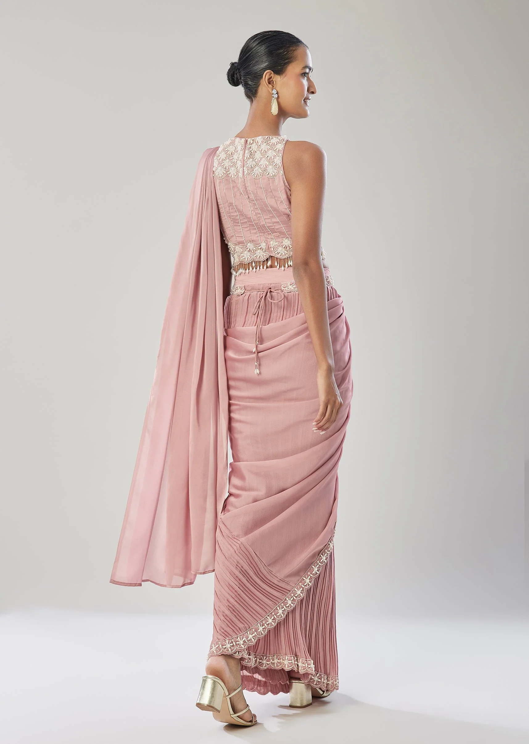 Pink Ready Pleated Saree With Belt - Image 5