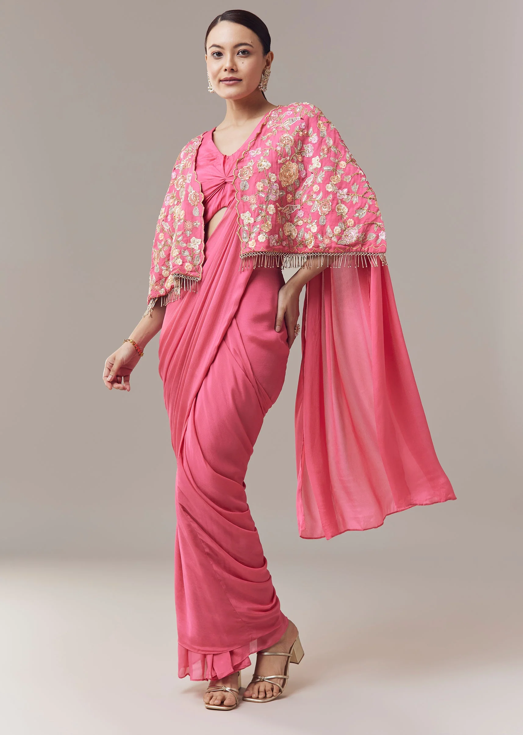 Pink Ready Pleated Saree With Cape Blouse And Resham And Sequins Work - Image 3