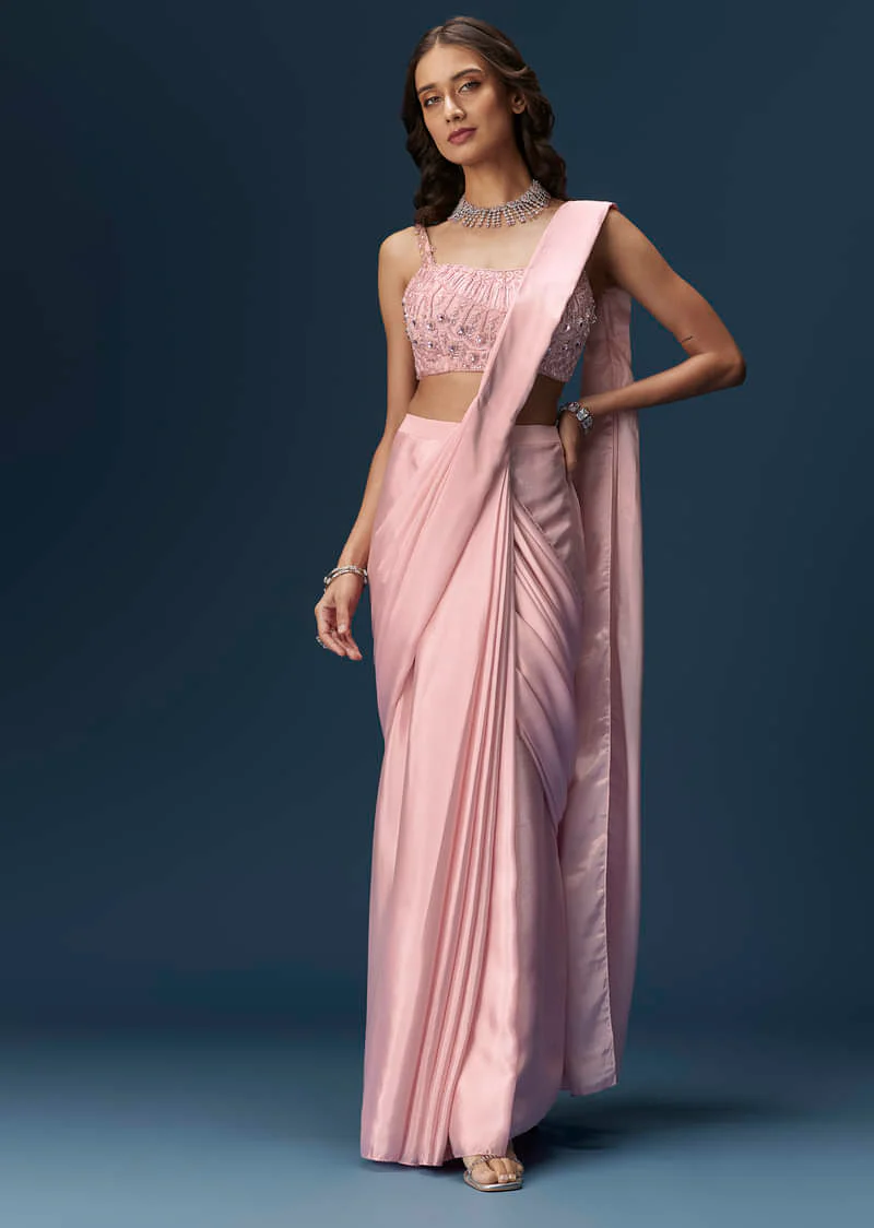 Pink Ready Pleated Saree With Embroidered Blouse - Image 5