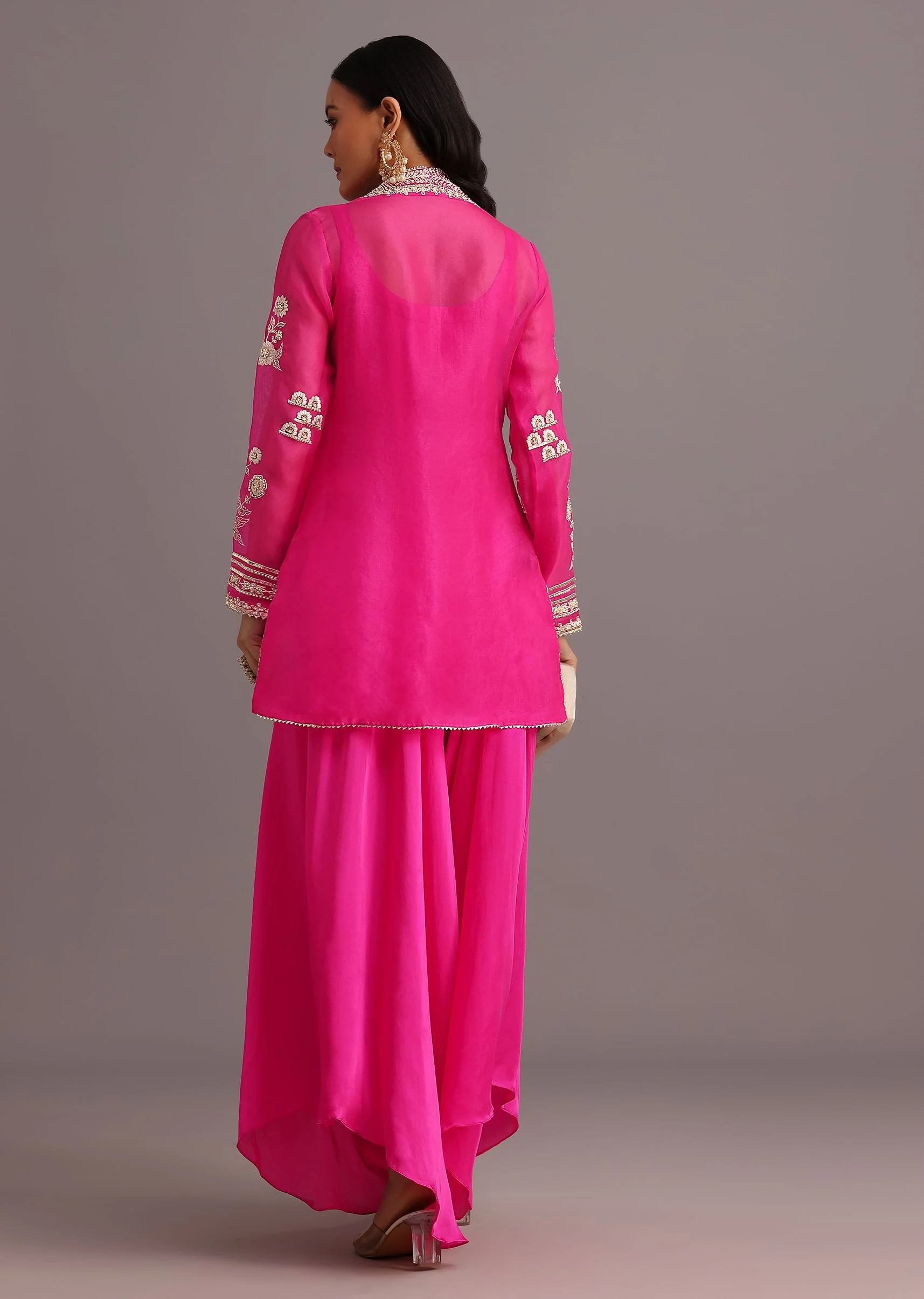 Pink Resham Work Kurti Palazzo Suit - Image 5