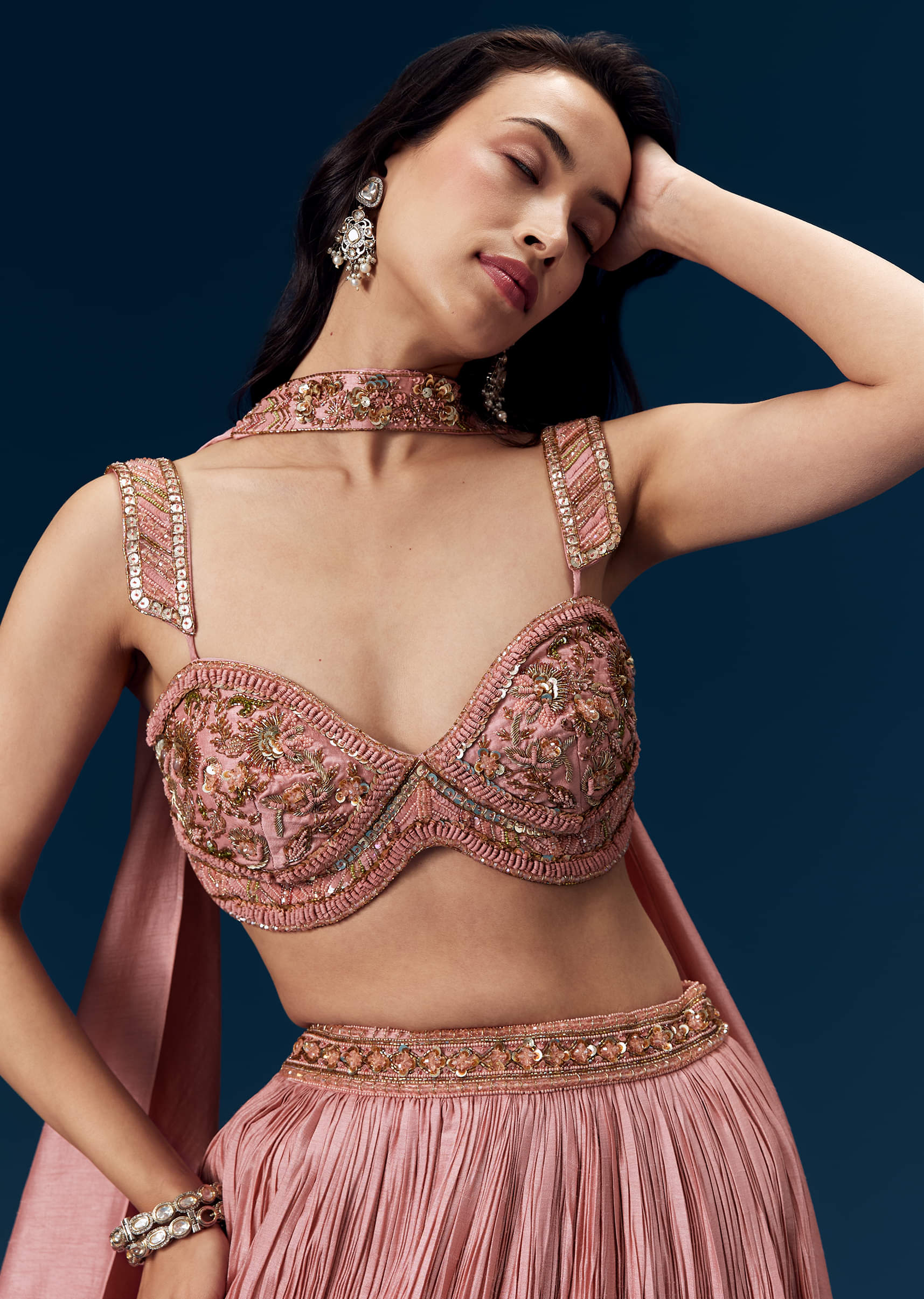 Pink Ruched Bridesmaid Lehega with Choker Dupatta - Image 3
