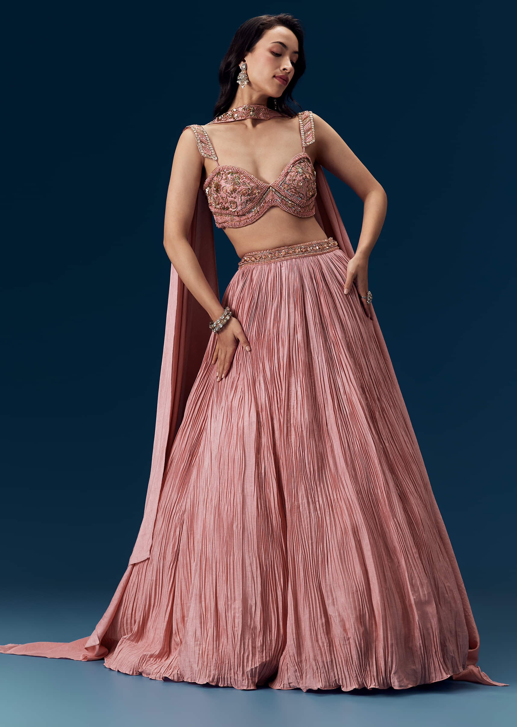 Pink Ruched Bridesmaid Lehega with Choker Dupatta - Image 4