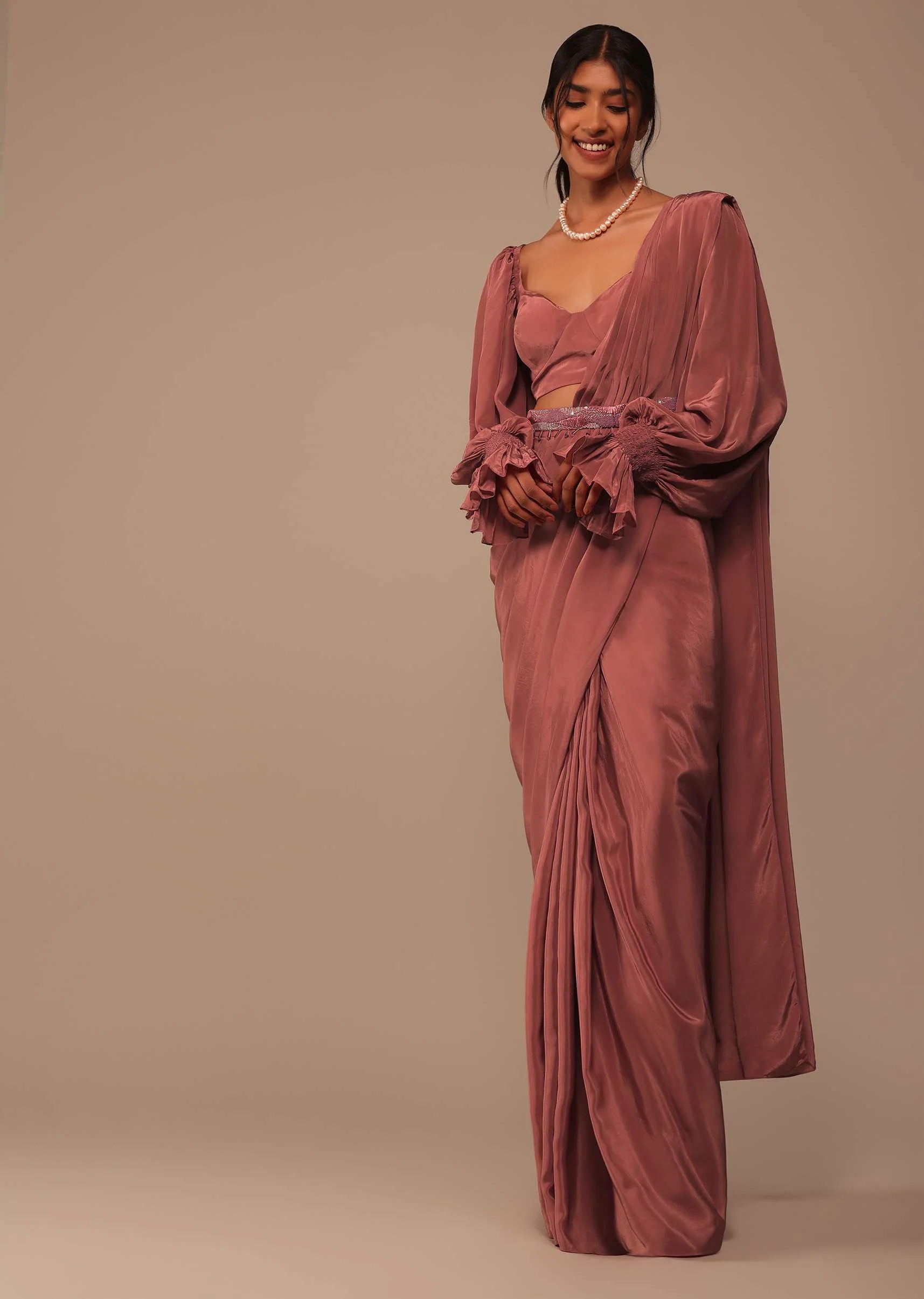 Pink Pre Stitched Saree With Lantern Sleeved Blouse And Hand Worked Belt - Image 3