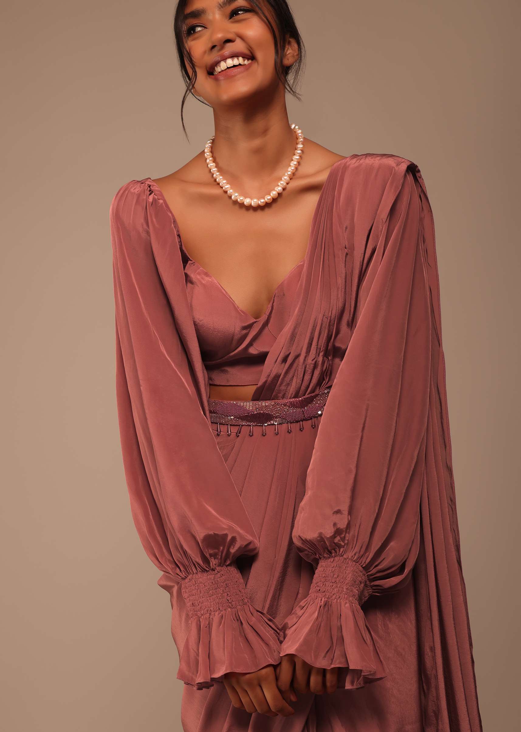 Pink Pre Stitched Saree With Lantern Sleeved Blouse And Hand Worked Belt - Image 4