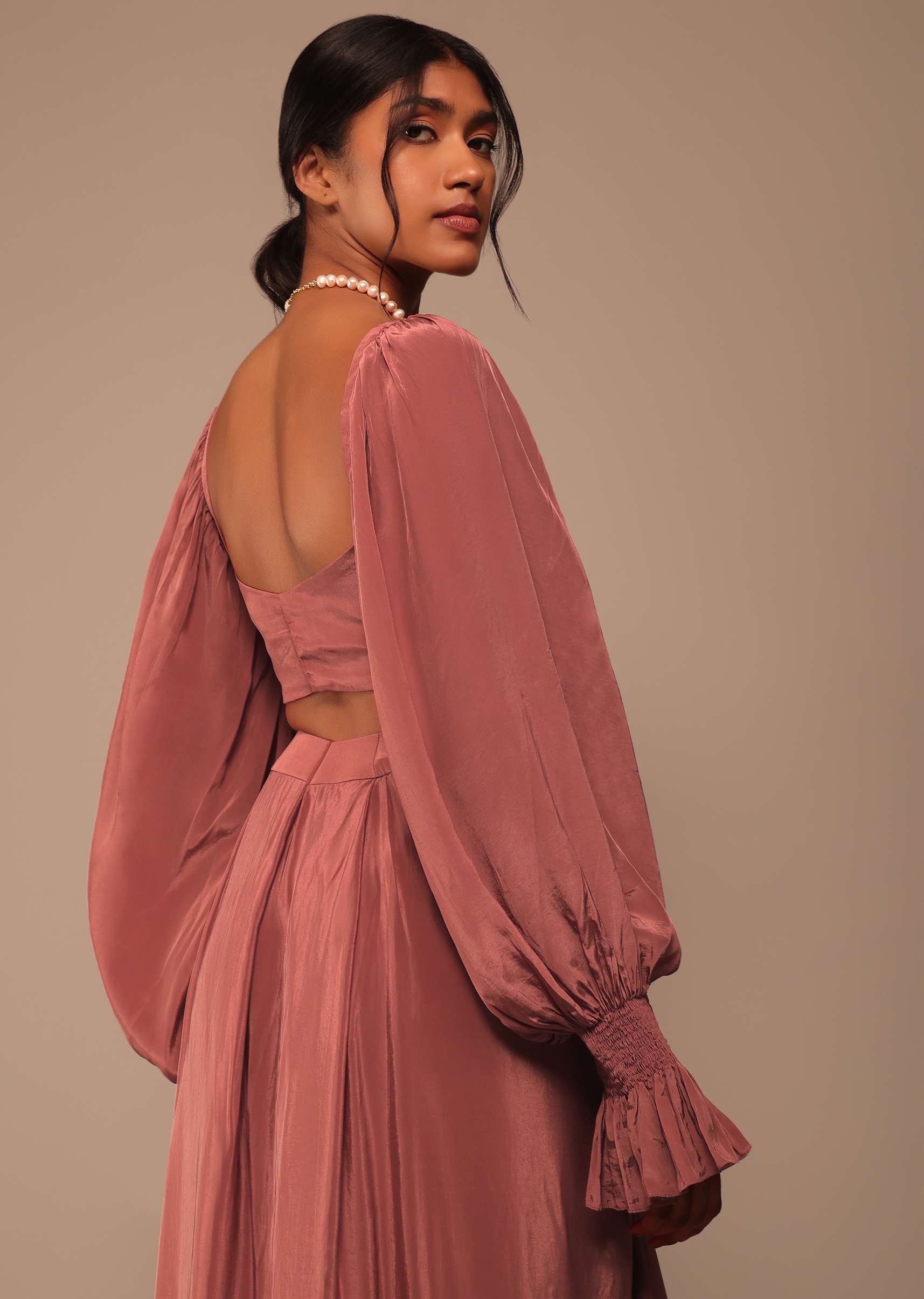 Pink Pre Stitched Saree With Lantern Sleeved Blouse And Hand Worked Belt - Image 5