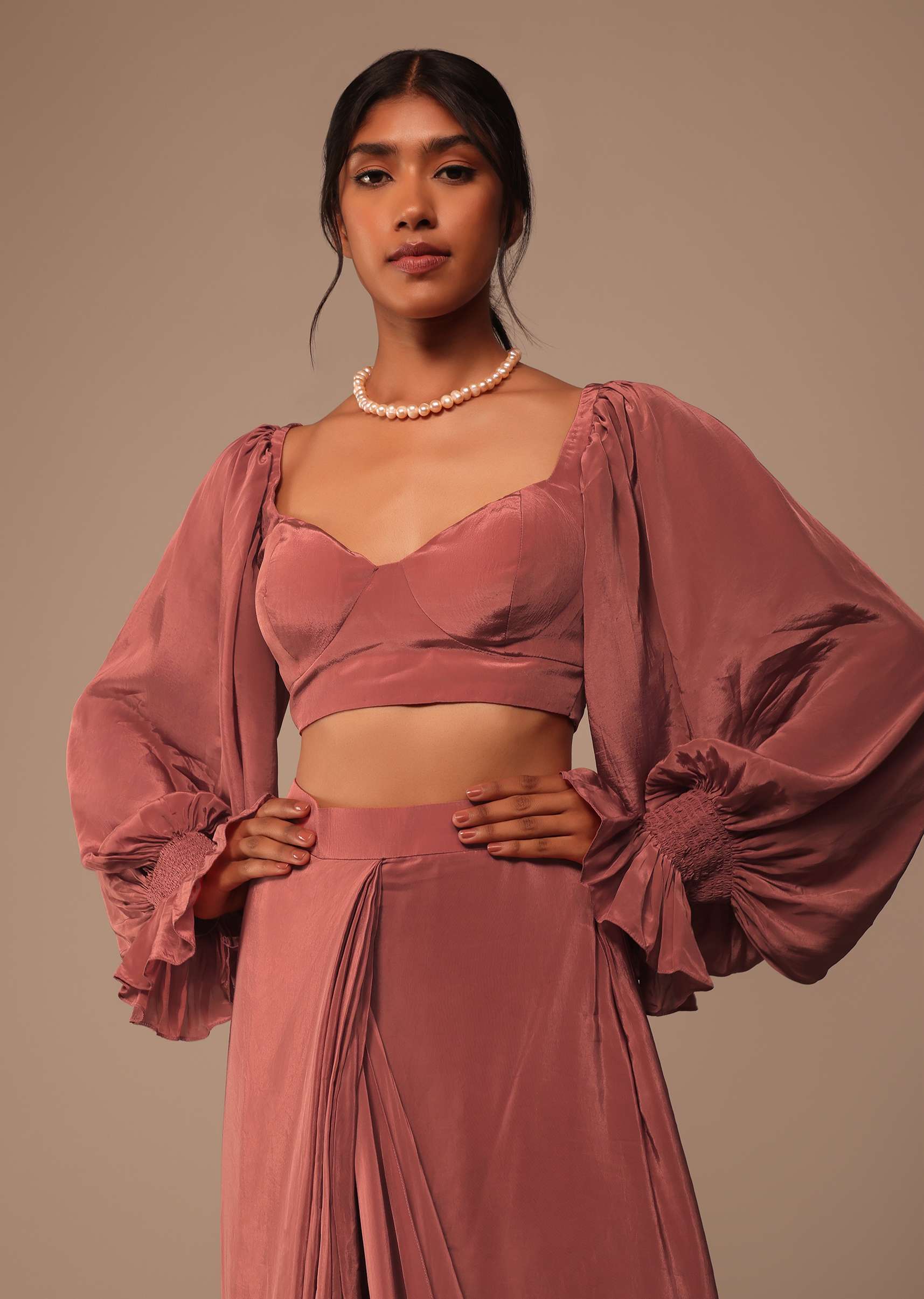 Pink Pre Stitched Saree With Lantern Sleeved Blouse And Hand Worked Belt - Image 6