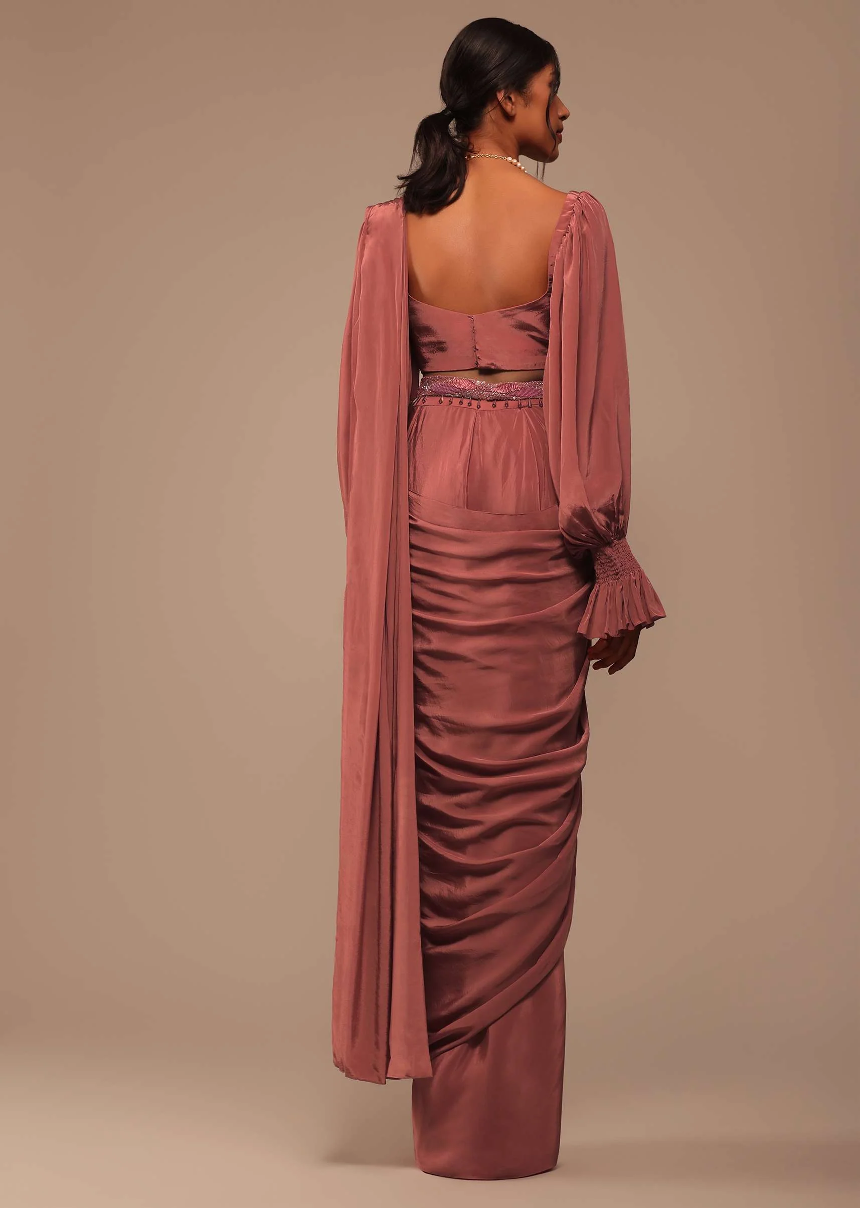 Pink Pre Stitched Saree With Lantern Sleeved Blouse And Hand Worked Belt - Image 7