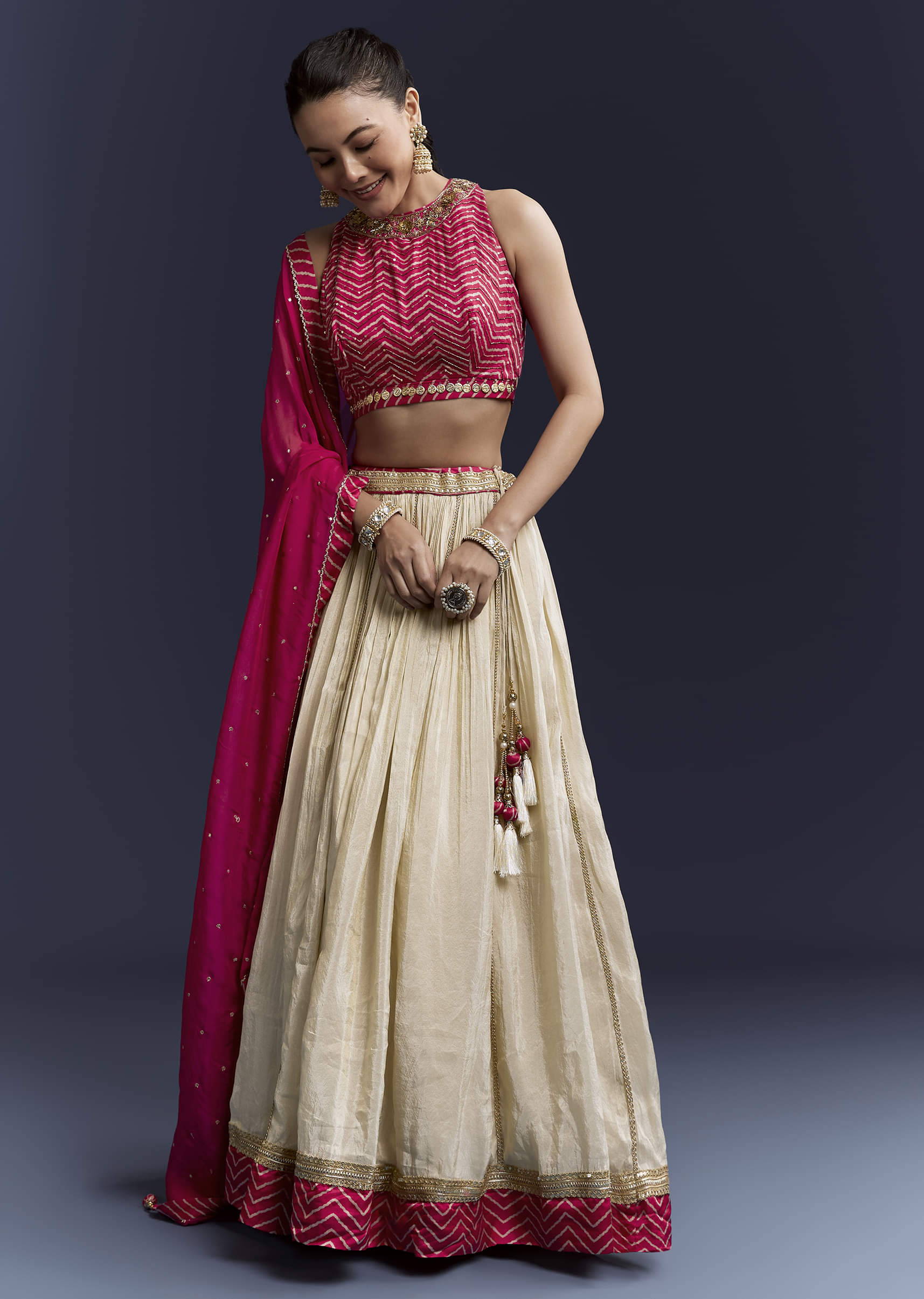 Pink Satin Bridesmaid Lehenga With Hand Dyed Chevron Print Choli - Image 4