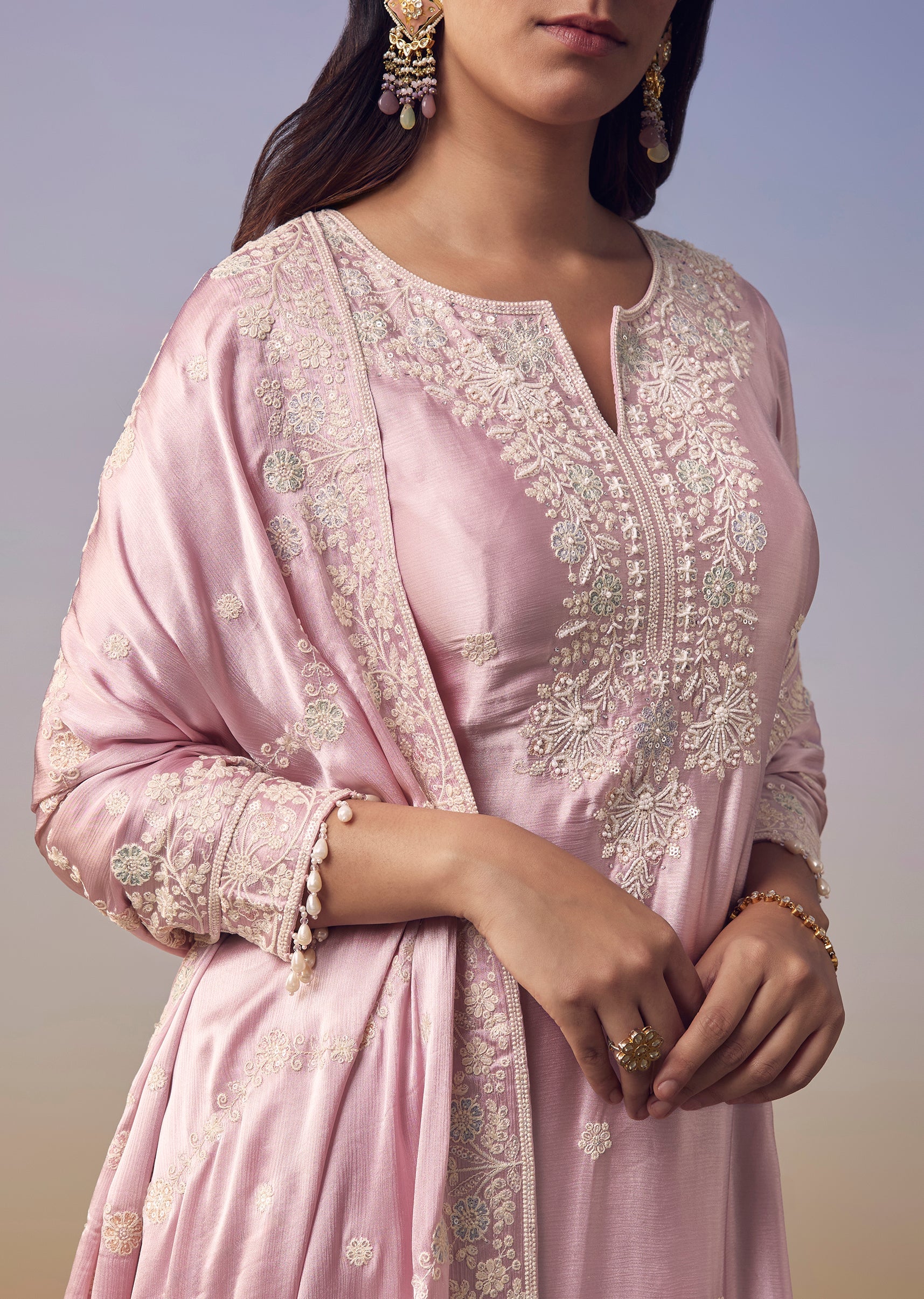 Pink Satin Embroidered Kurta Palazzo Set - Image 2