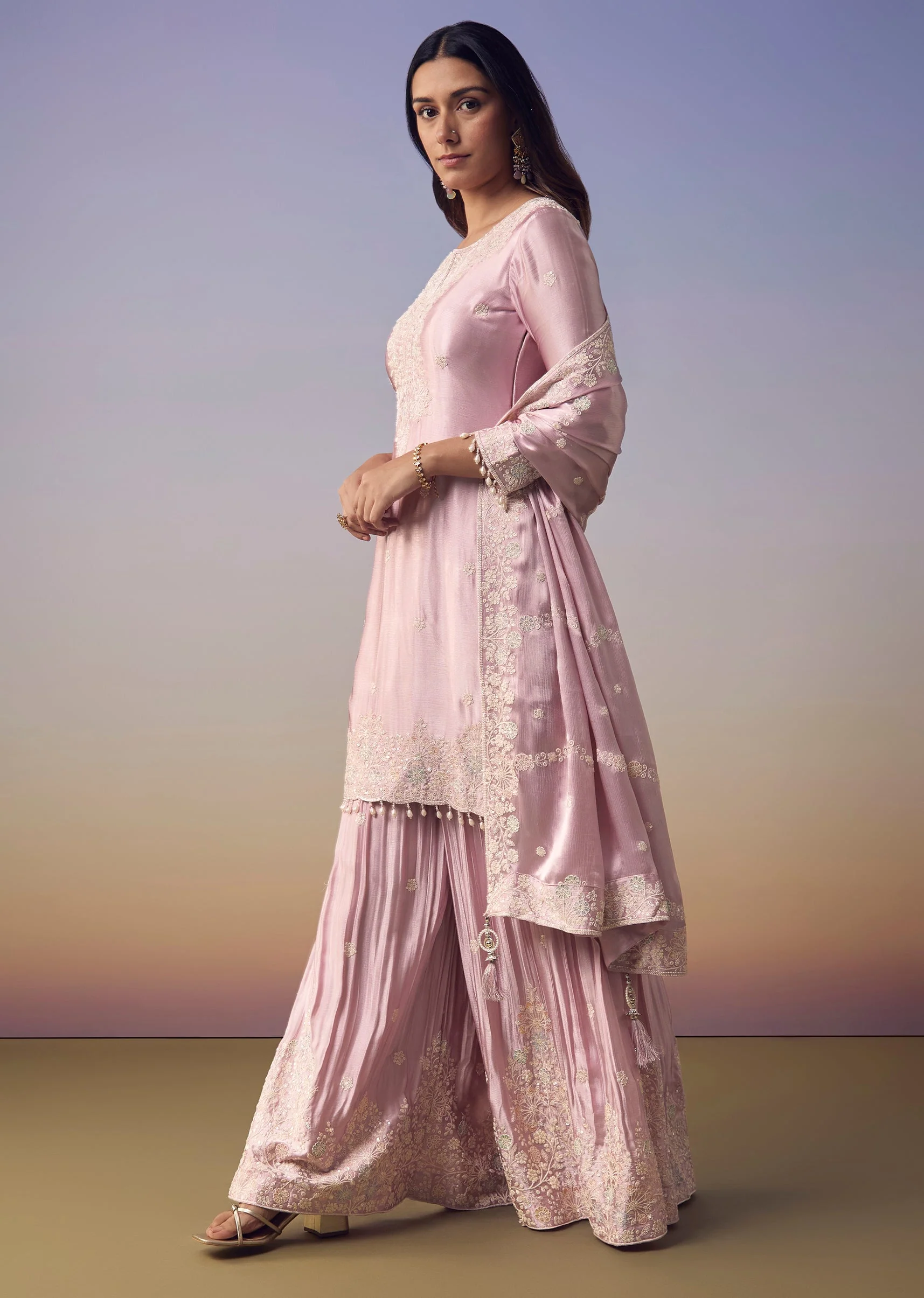 Pink Satin Embroidered Kurta Palazzo Set - Image 3