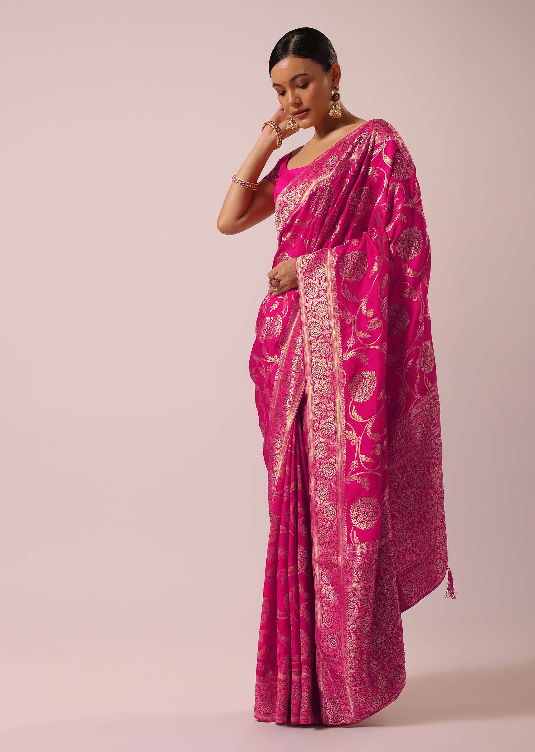 Pink Satin Organza Saree With Floral Jaal Weave - Image 3