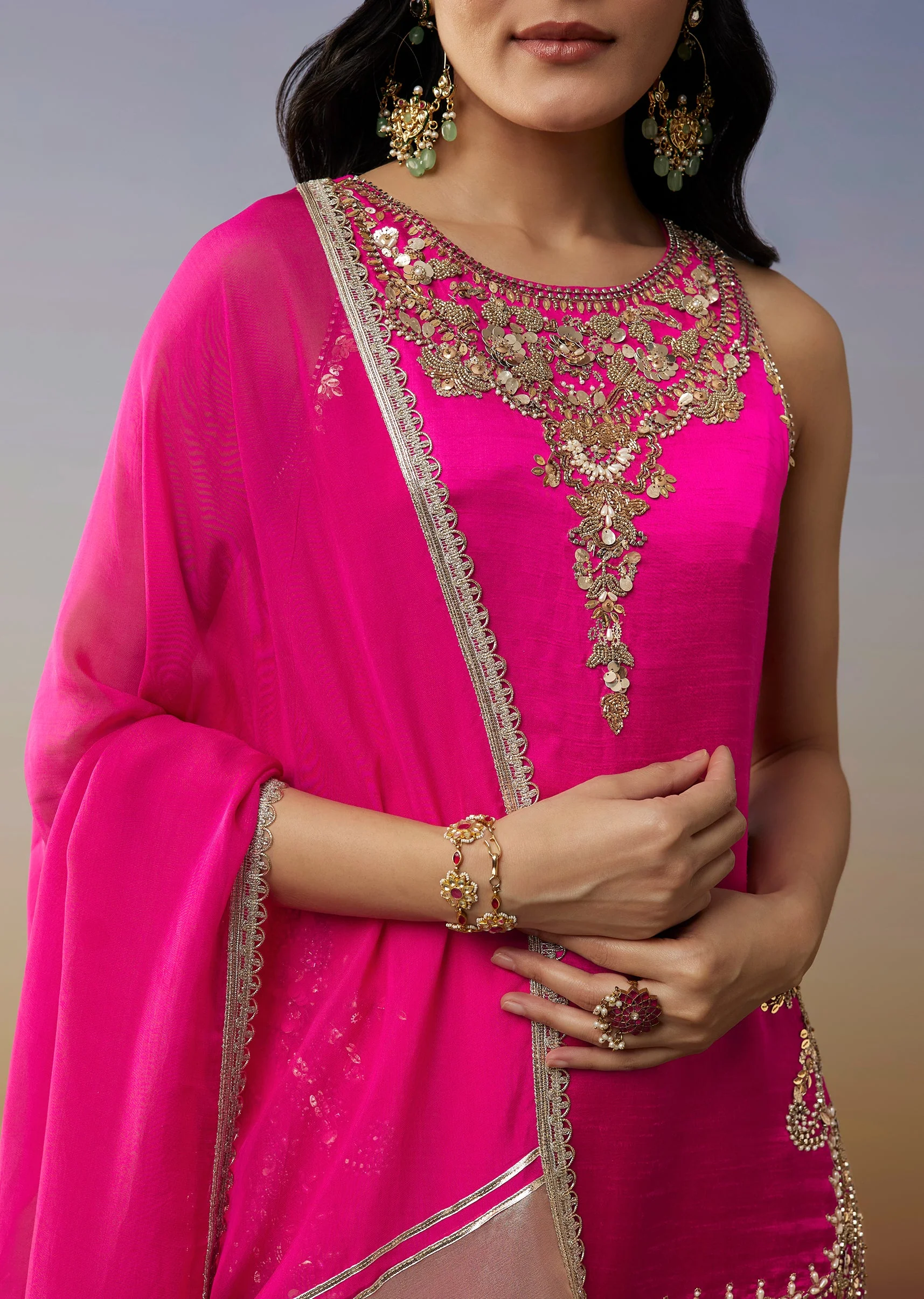Pink Satin Palazzo Suit with Beads Sequins Work - Image 3
