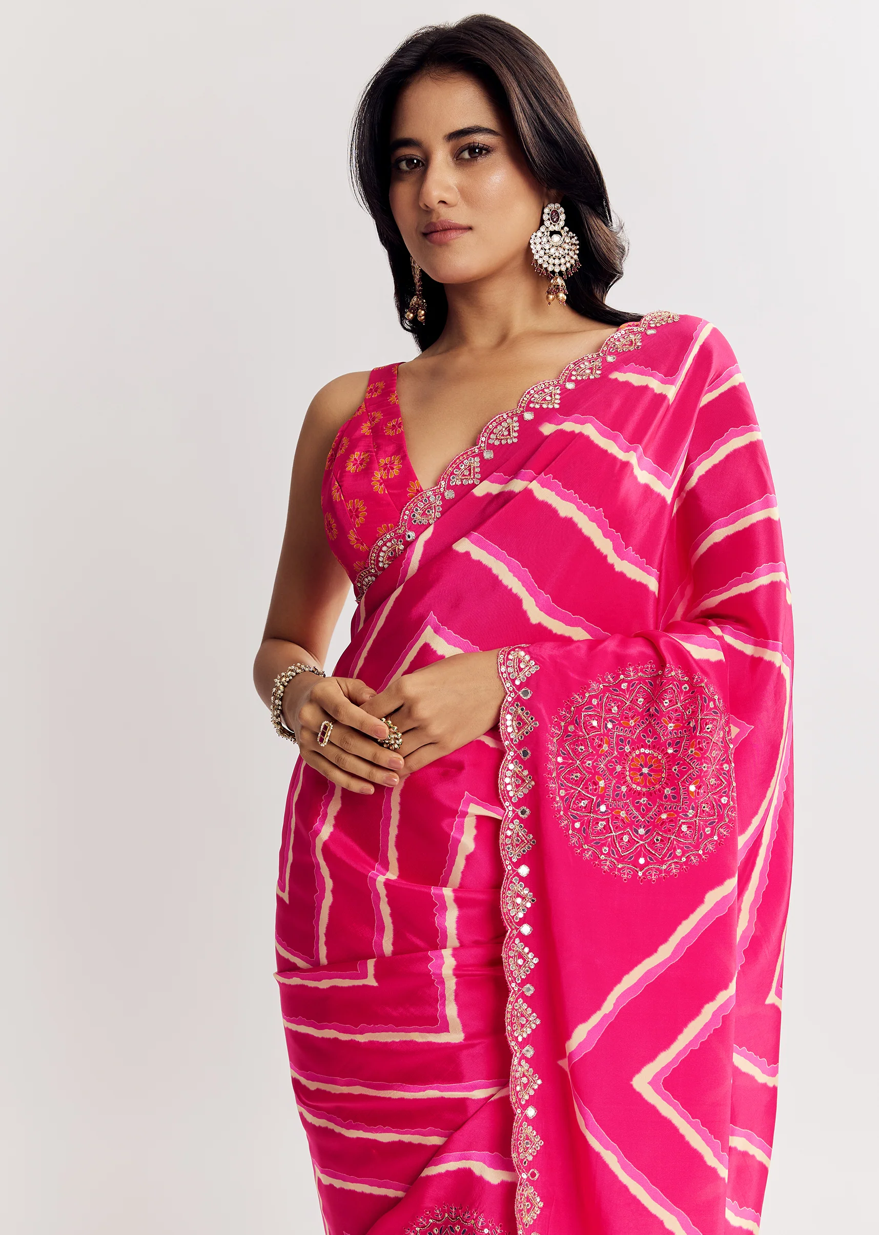 Pink Satin Saree With Gota And Mirror Embroidery - Image 4