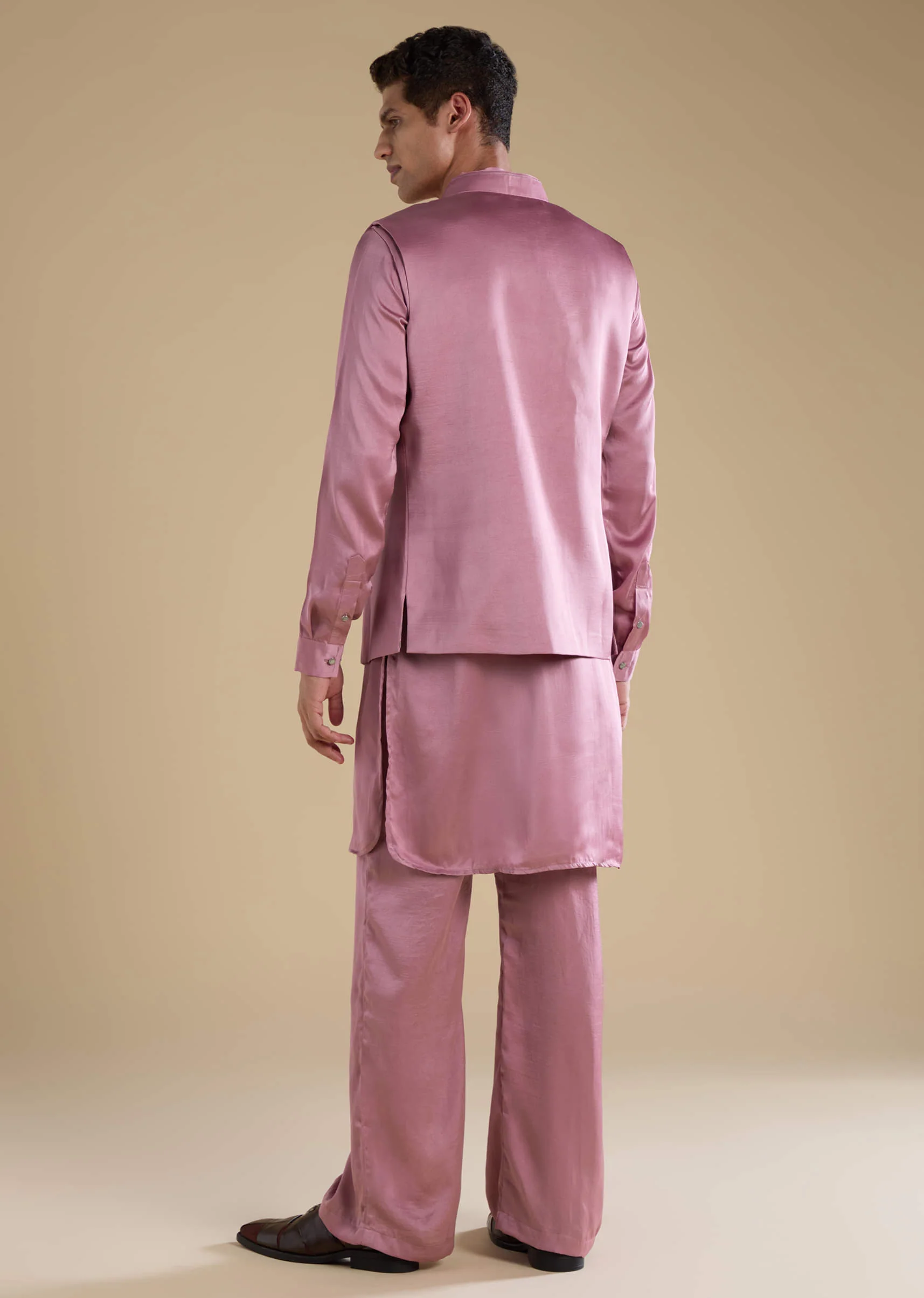 Pink Satin Silk Jacket and Kurta Set with Metal Work - Image 5