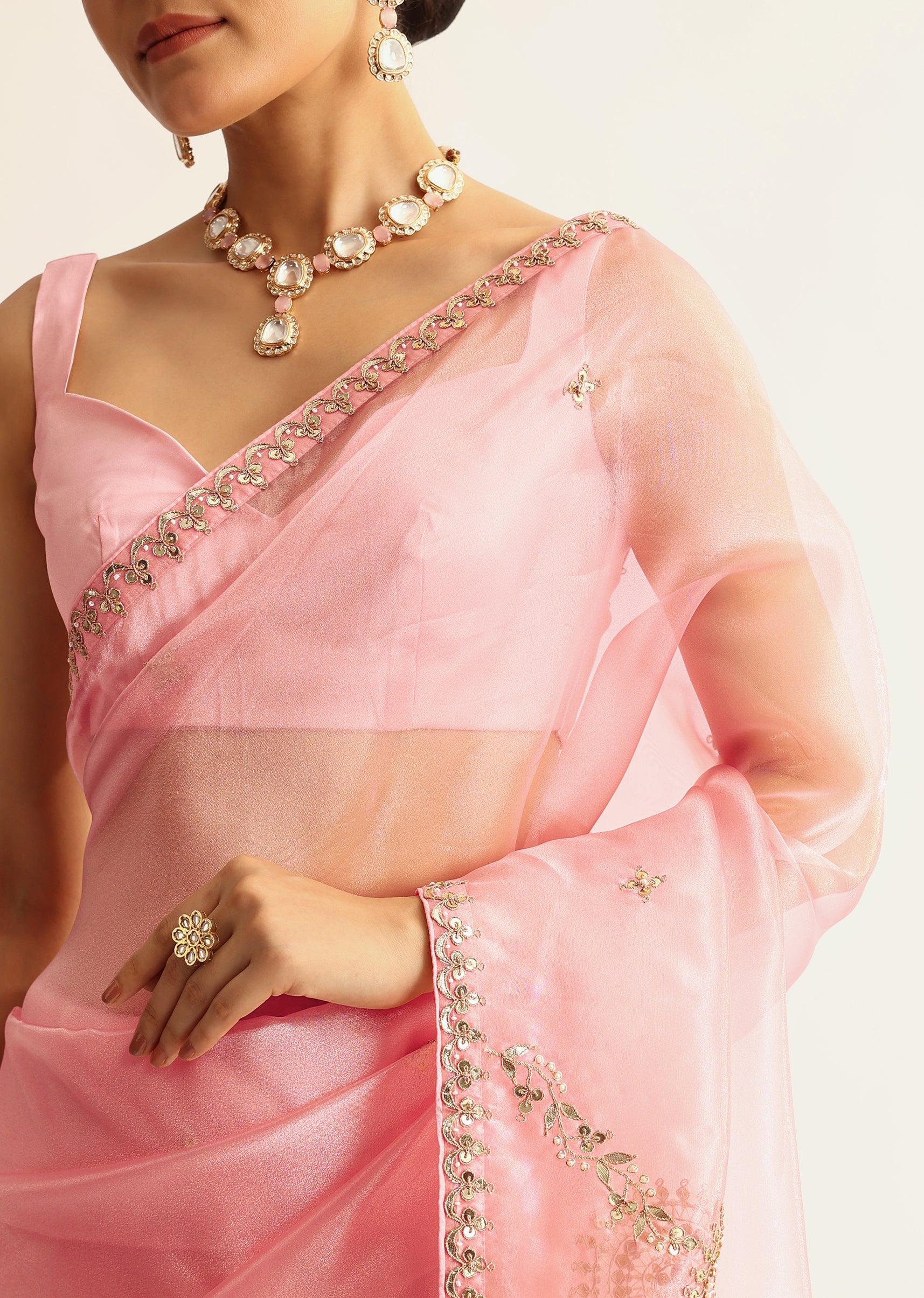 Pink Sequin Embroidered Organza Saree With Gotta Patti Embroidery - Image 10