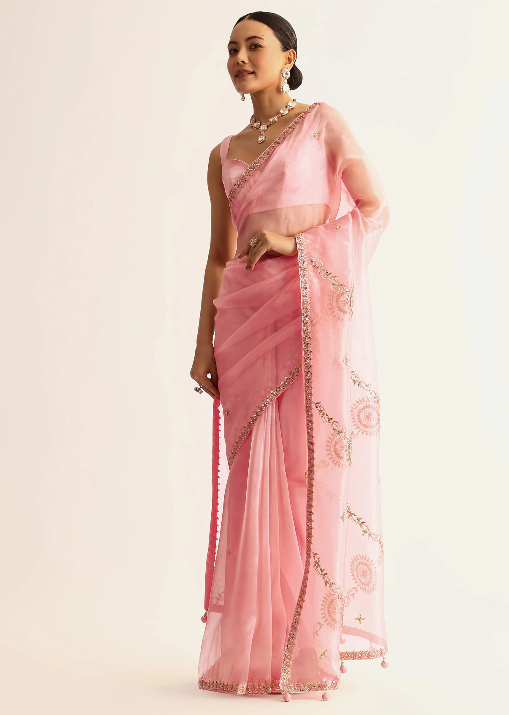 Pink Sequin Embroidered Organza Saree With Gotta Patti Embroidery - Image 3