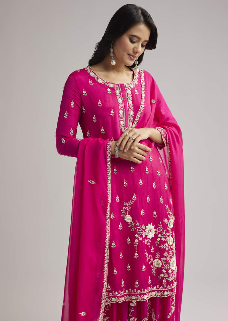Pink Sequin Embroidered Palazzo Set With Dupatta - Image 3