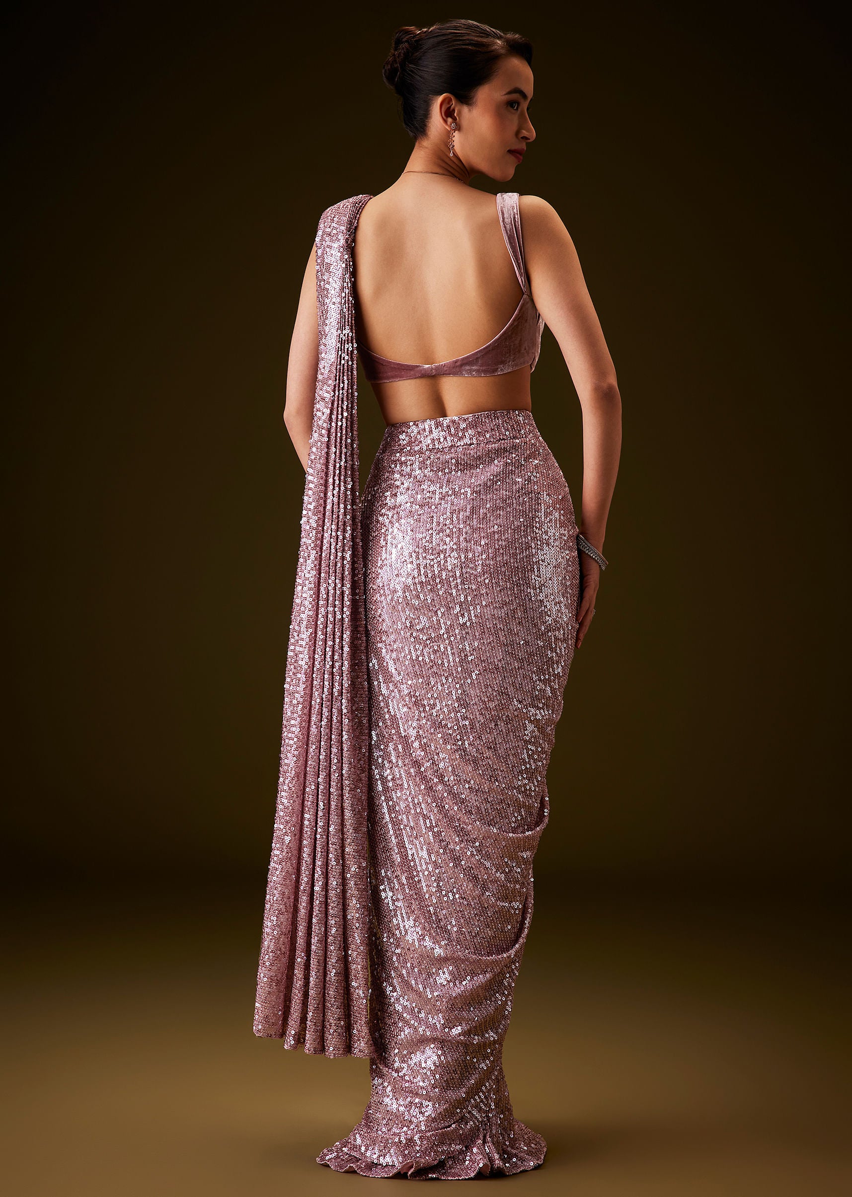 Pink Sequin Velvet Saree With Matching Blouse - Image 5