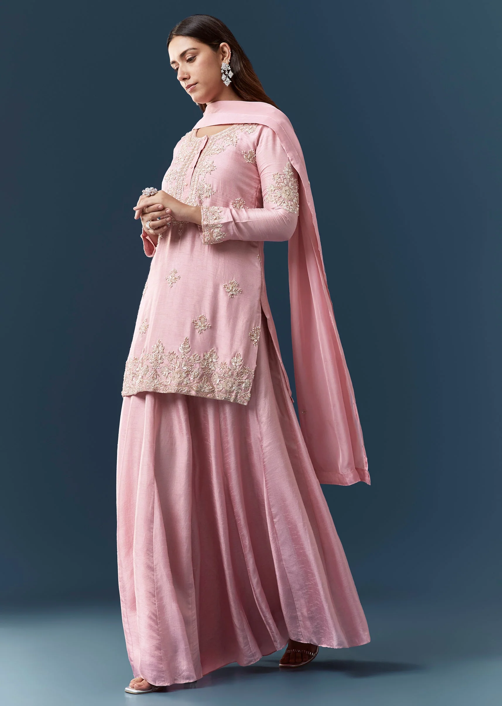 Pink Sequin Work Kurta and Skirt Set - Image 3